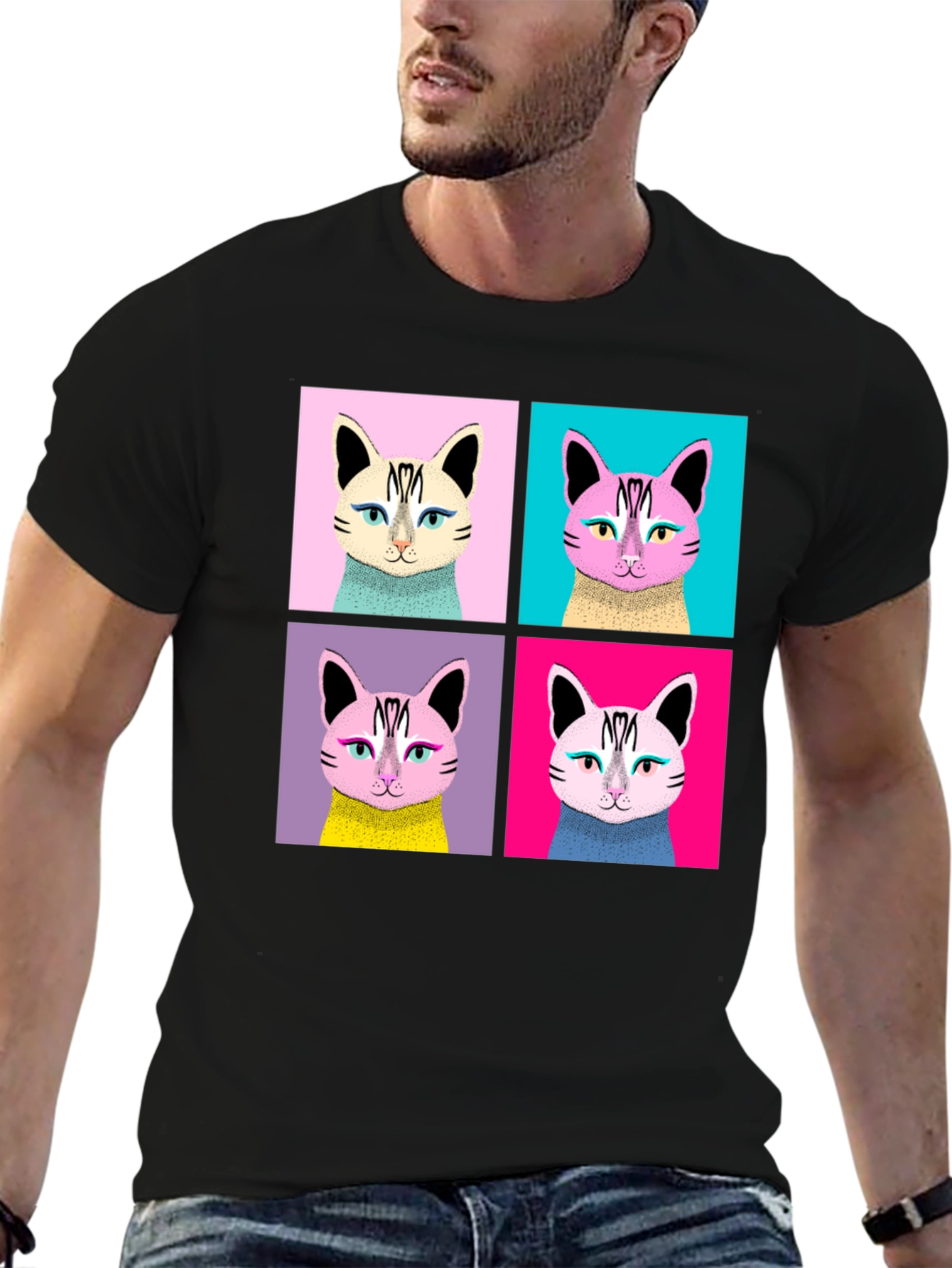 Black Pop Art Cat Graphic Black T-Shirt view 6