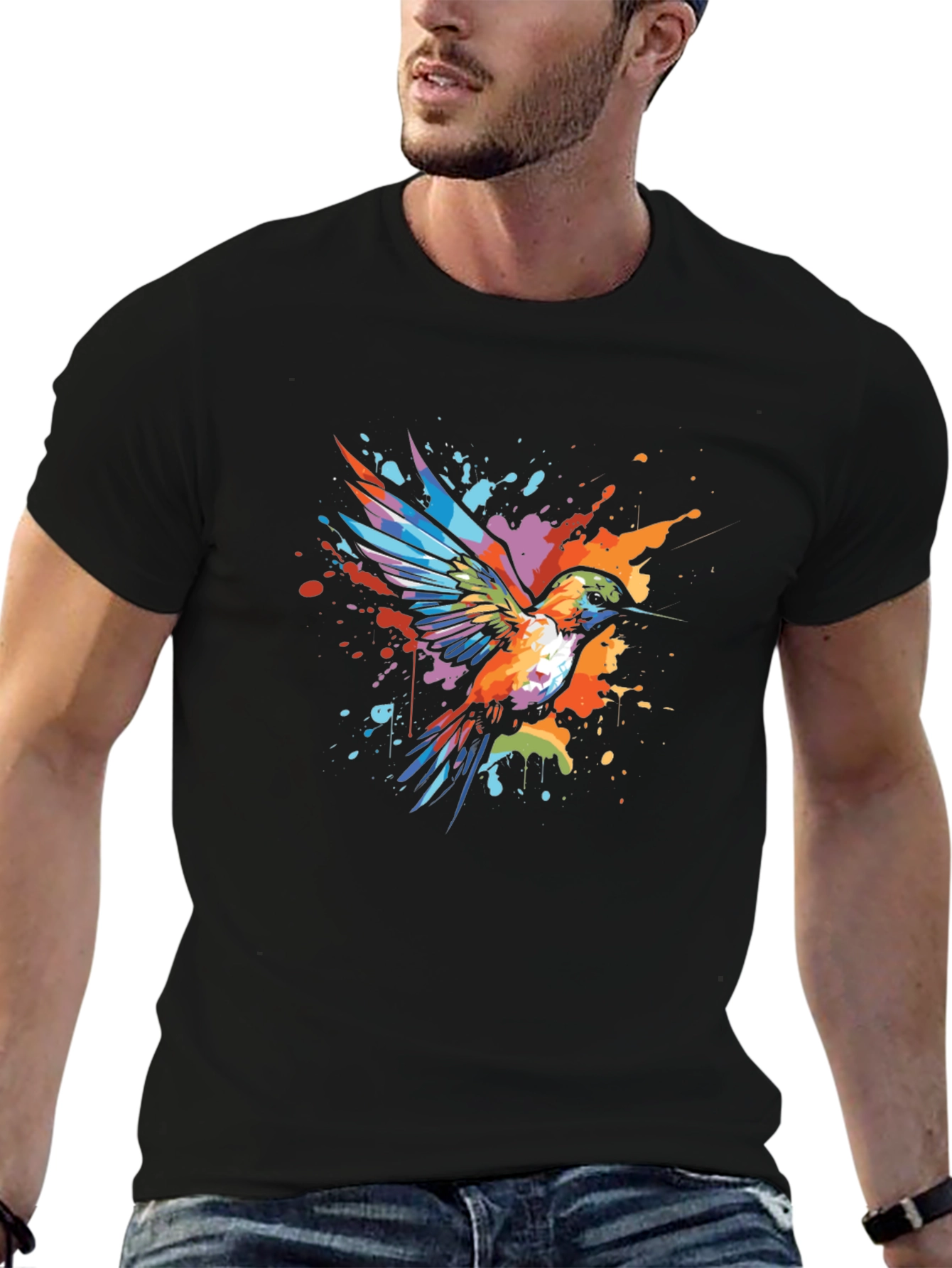 Black Hummingbird Splatter Art Graphic Tee - Unique Design view 6