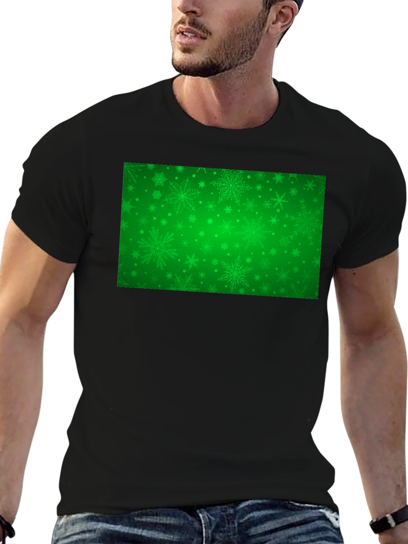 Black Green Snowflakes Pattern Black T-Shirt view 6