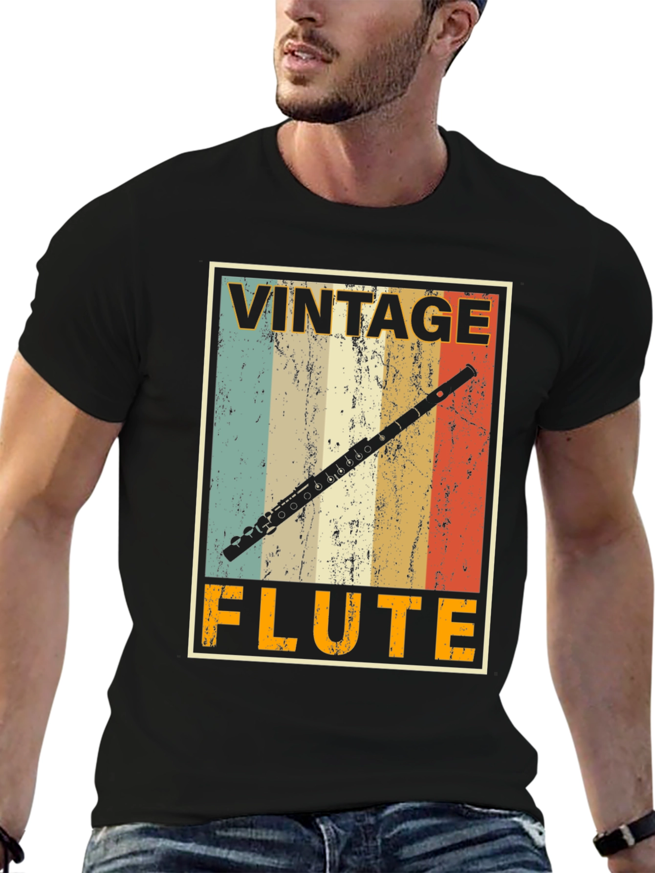 Black Vintage Flute T-Shirt - Musician's Retro Style Tee view 6