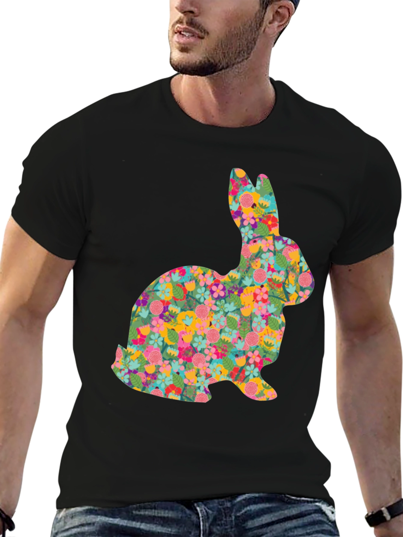 Black Floral Bunny Graphic Tee - Black Cotton Casual Shirt view 6