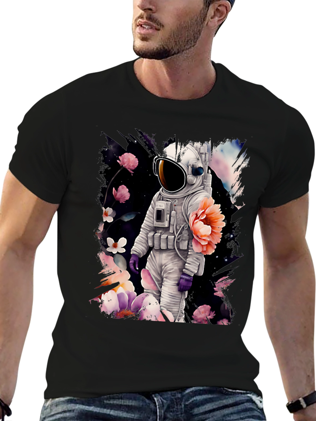 Black Astronaut Floral T-Shirt - Space & Nature Fusion view 6
