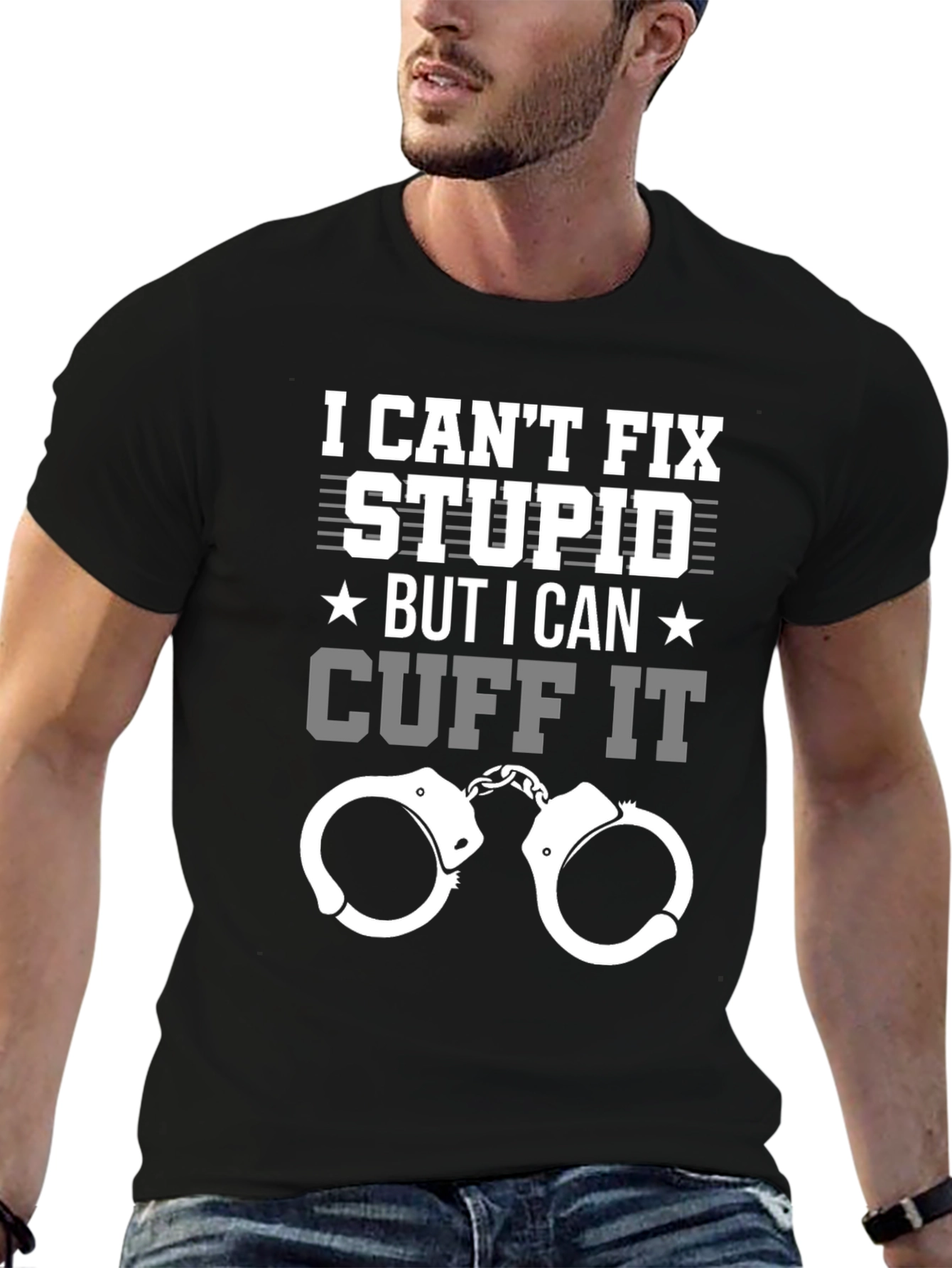 Black Funny Police T-Shirt - I Can't Fix Stupid Cuff It Tee view 6