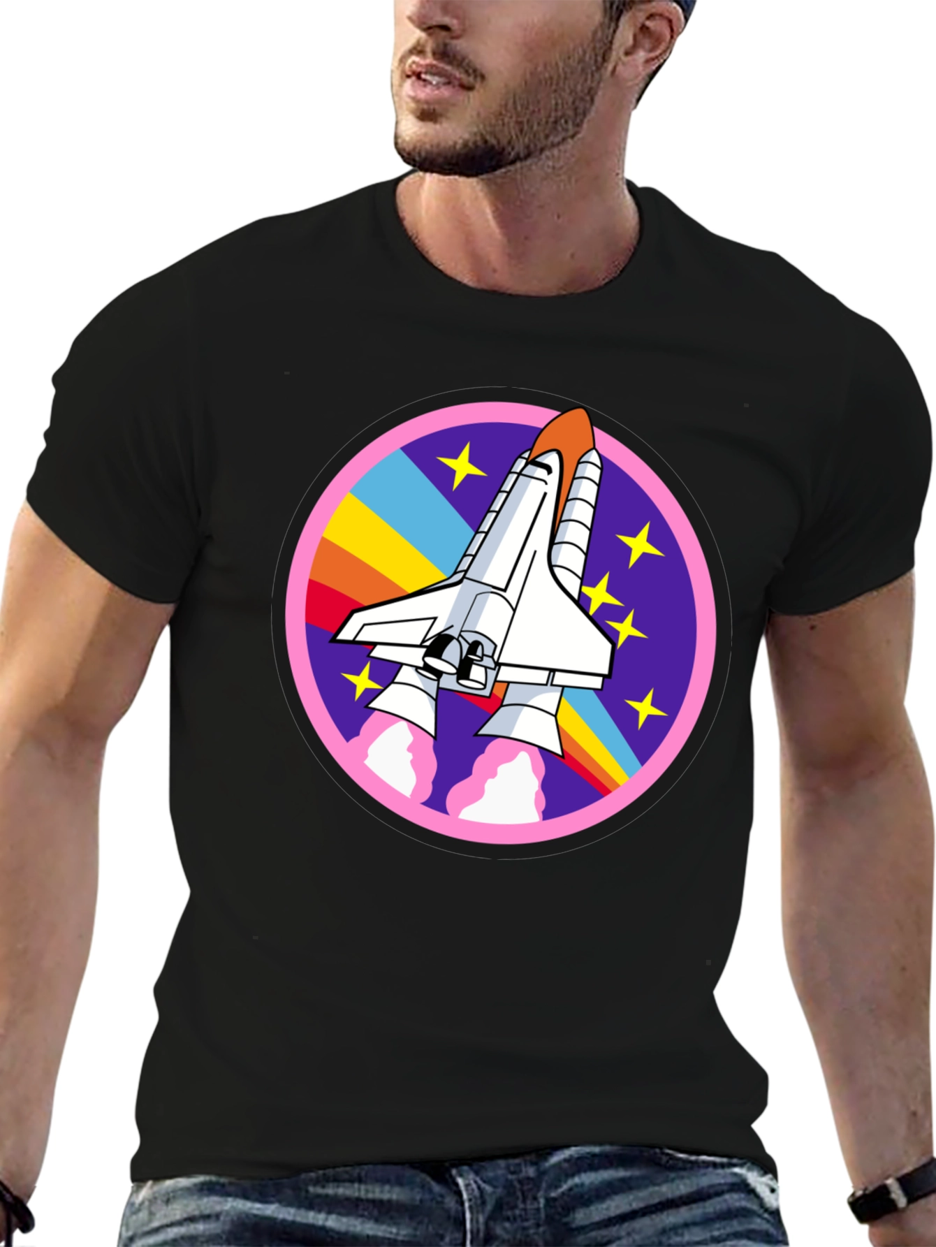 Black Retro Space Shuttle Graphic Tee - Unisex Black Cotton T-Shirt view 6