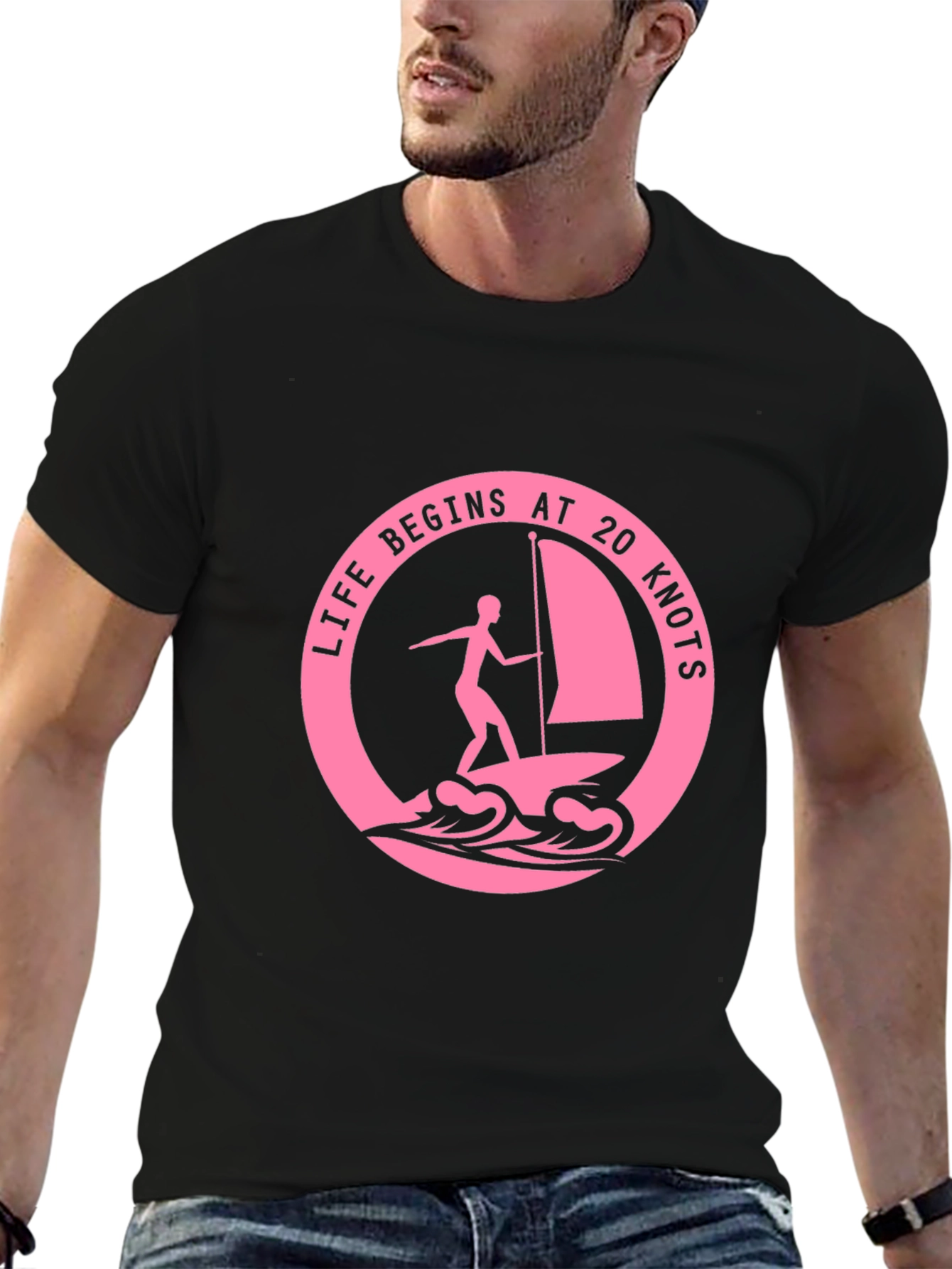 Black Life Begins at 20 Knots T-Shirt - Windsurfing Tee view 6