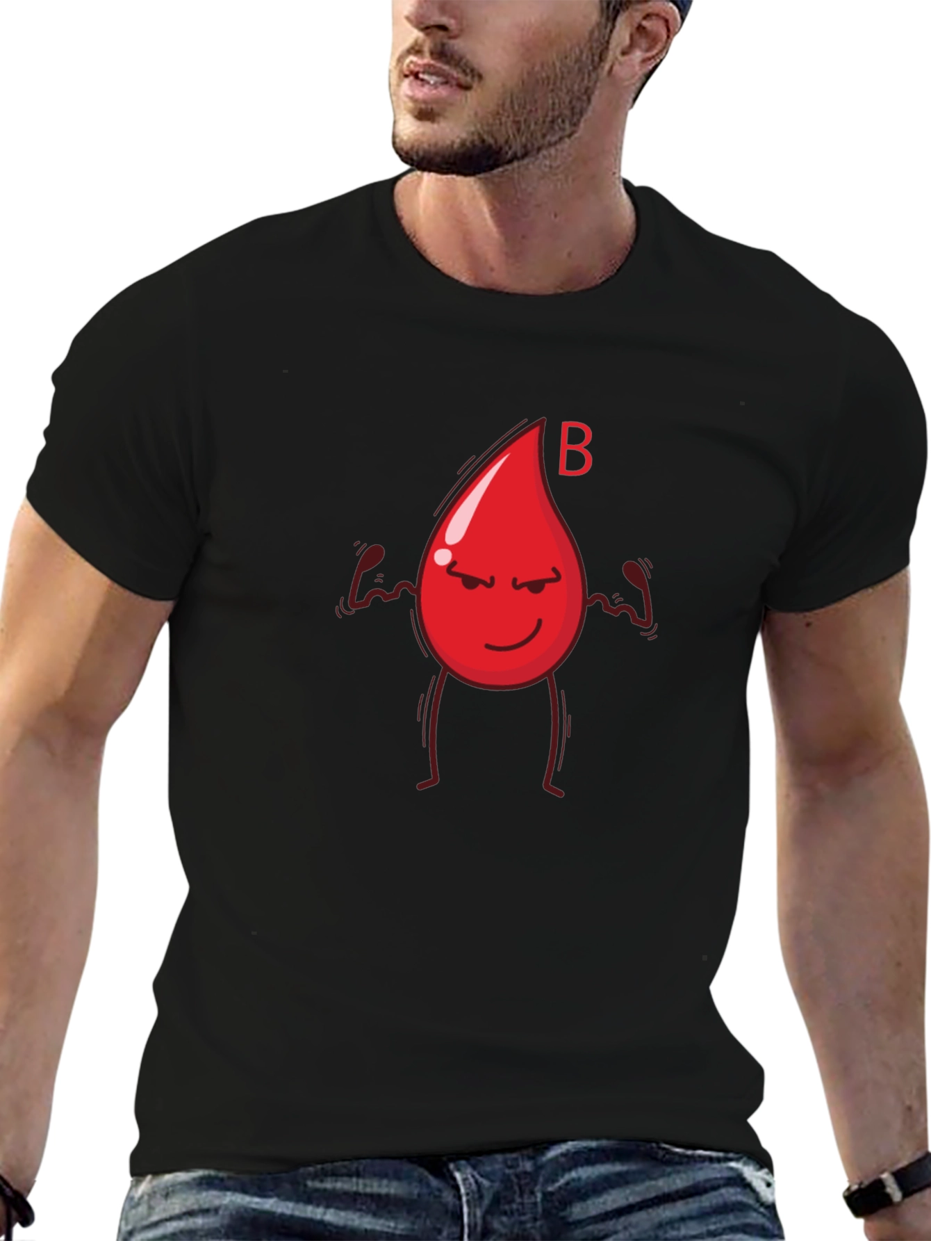 Black B Blood Type Cartoon Graphic Black T-Shirt view 6