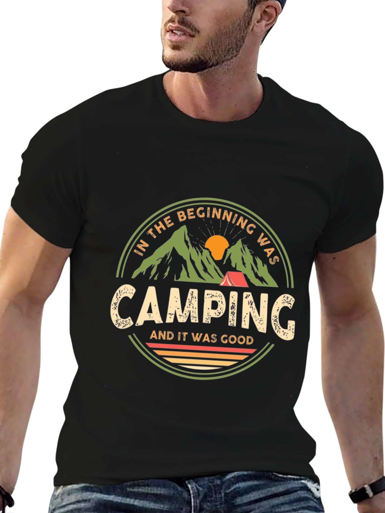 Black Camping T-Shirt: In The Beginning Was Camping view 6