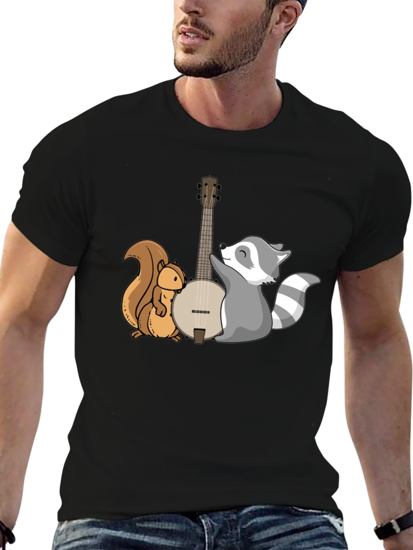 Black Squirrel and Raccoon Banjo Graphic Tee view 6