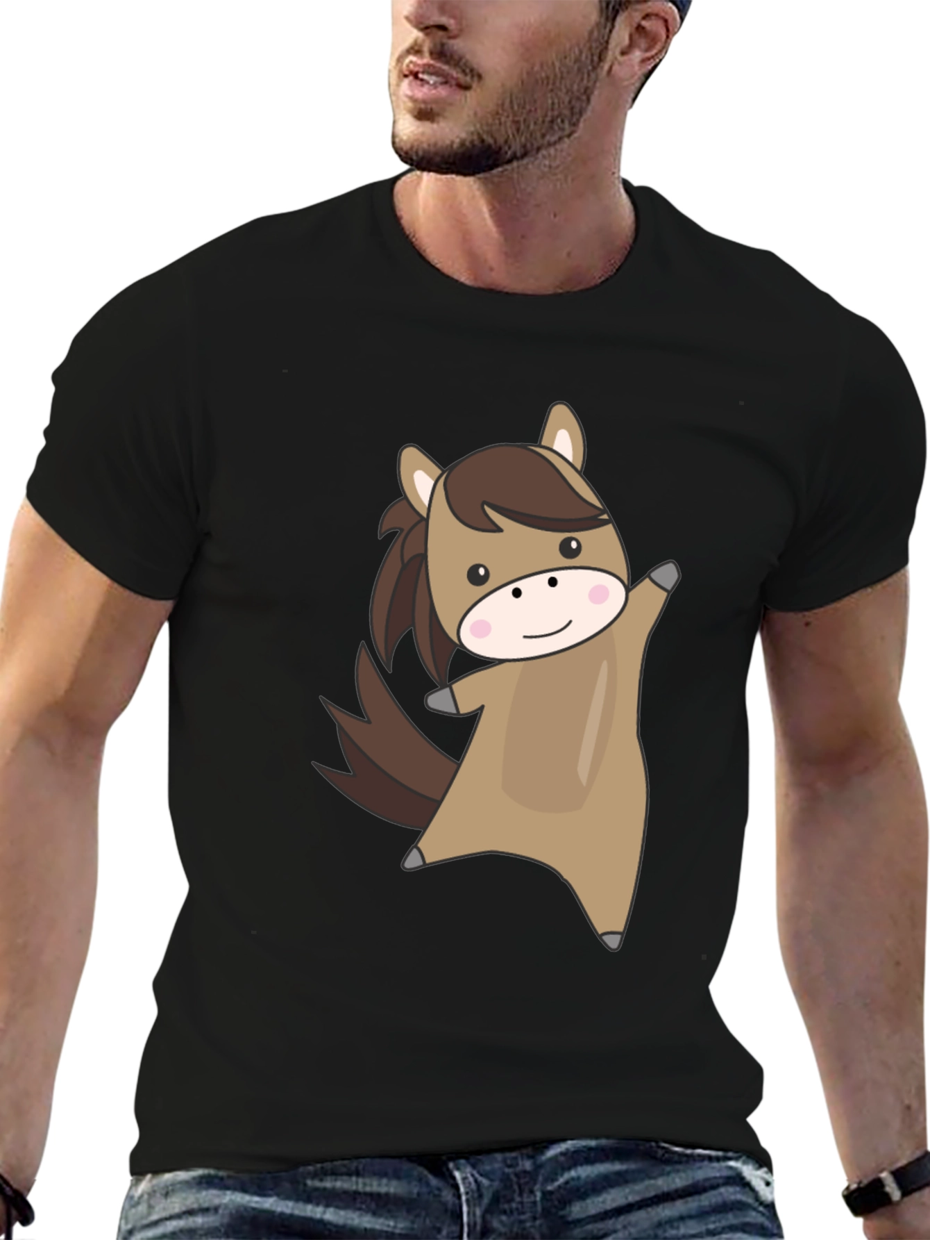 Black Cute Cartoon Horse Graphic Black T-Shirt view 6