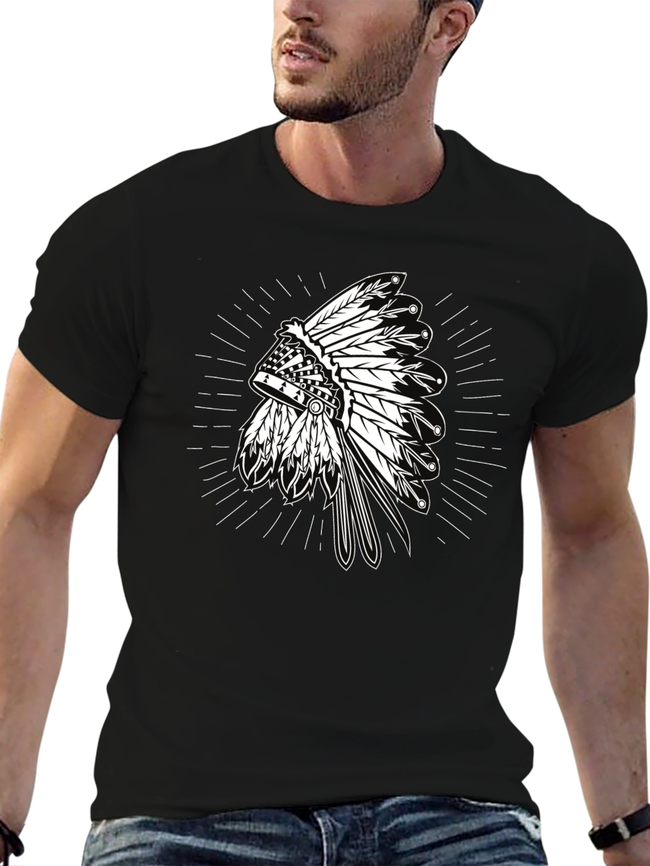 Black Native American Headdress Graphic Black T-Shirt view 6