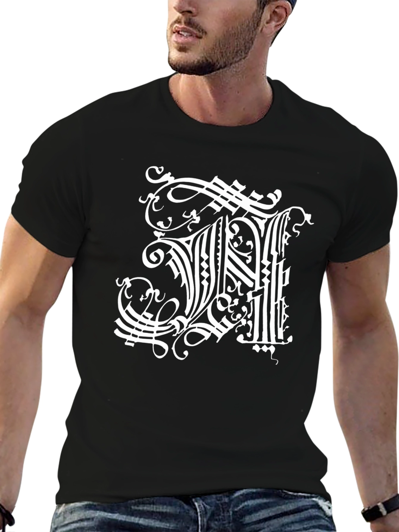Black Ornate Initial 'H' Graphic Black T-Shirt view 6