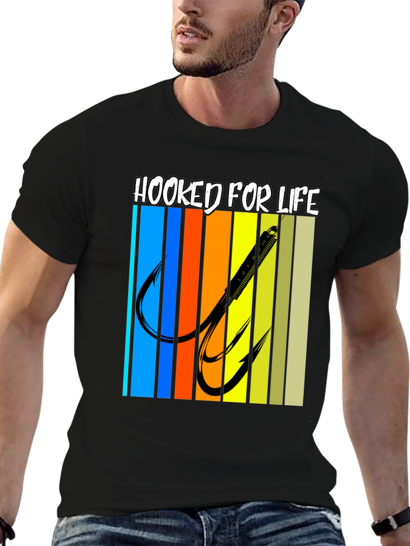 Black Hooked for Life Fishing T-Shirt view 6