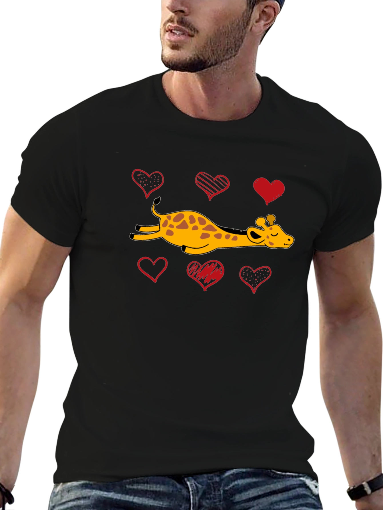 Black Giraffe Love T-Shirt Cute Giraffe and Hearts view 6