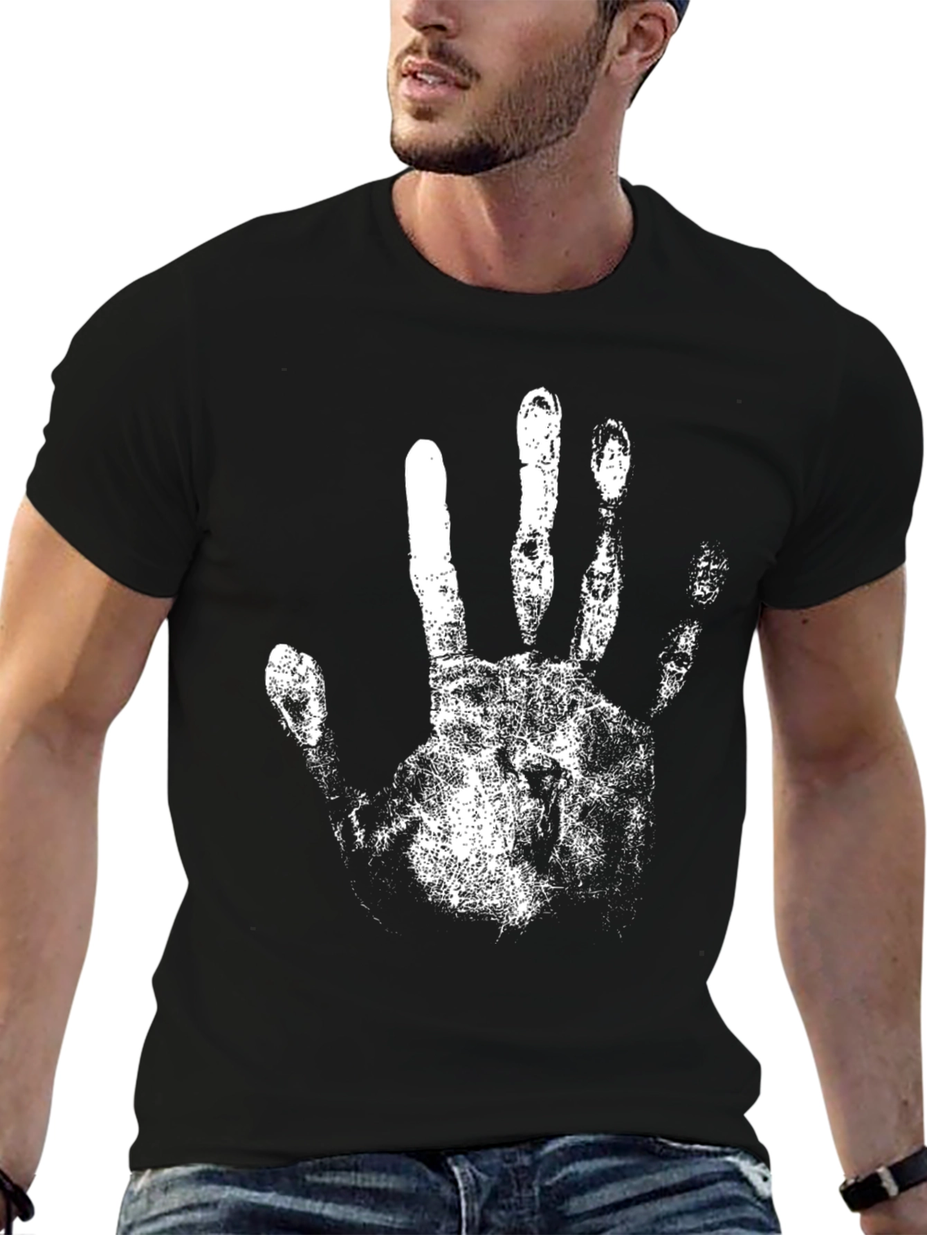 Black Black T-Shirt with White Handprint Design view 6