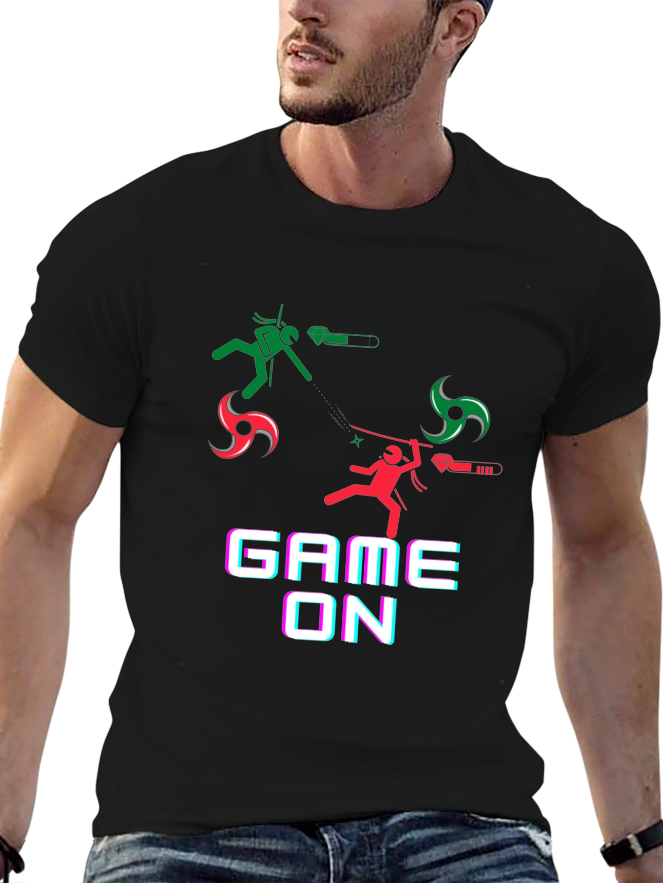 Black Game On Black T-Shirt - Ninja Stick Figure Design view 6