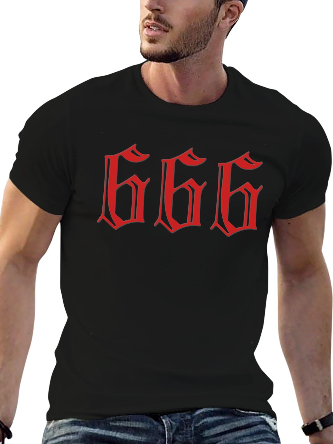 Black Men's Graphic Tee - Red "666" Design view 6