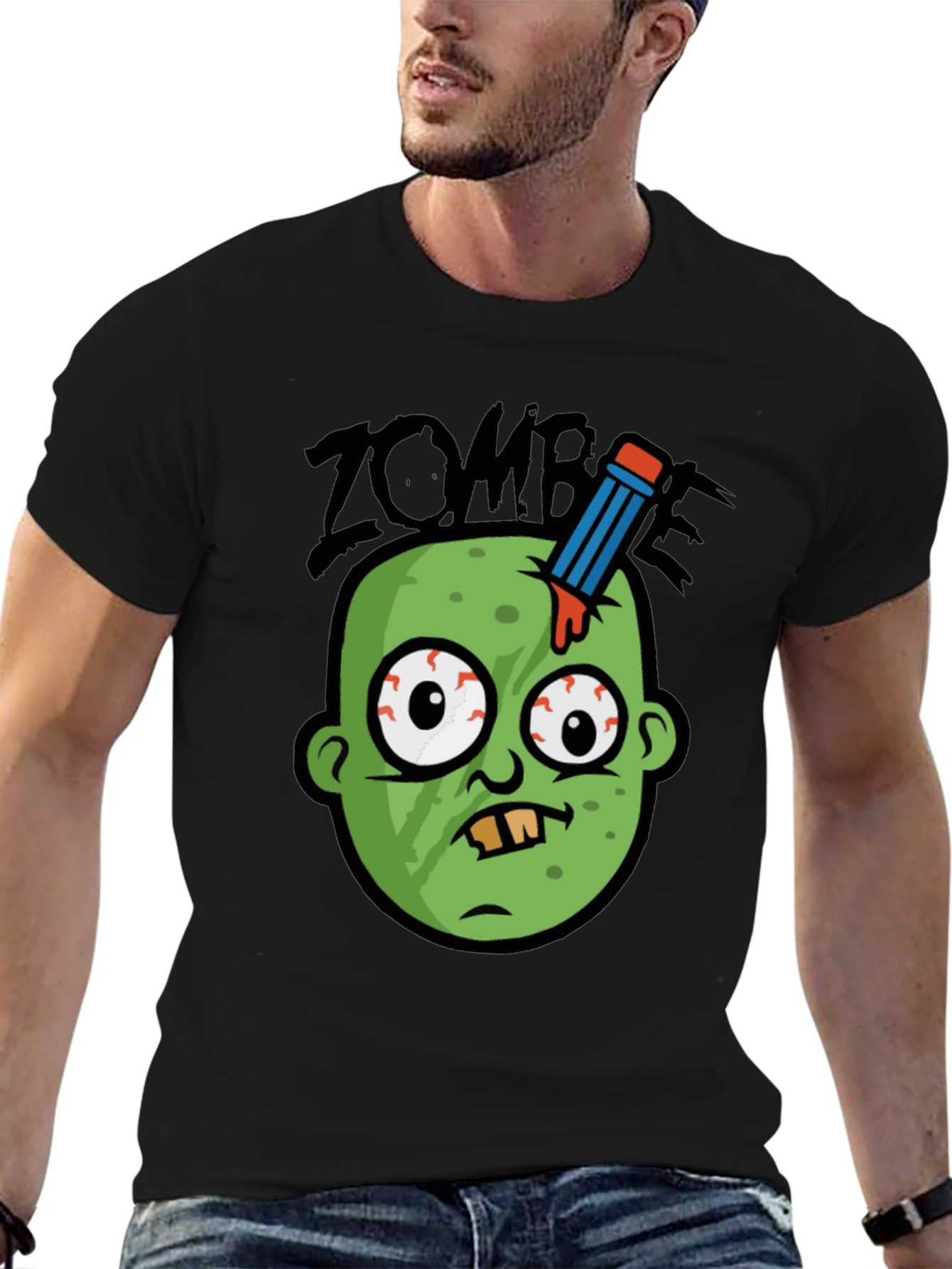 Black Zombie Pencil Head Men's Graphic Tee view 6