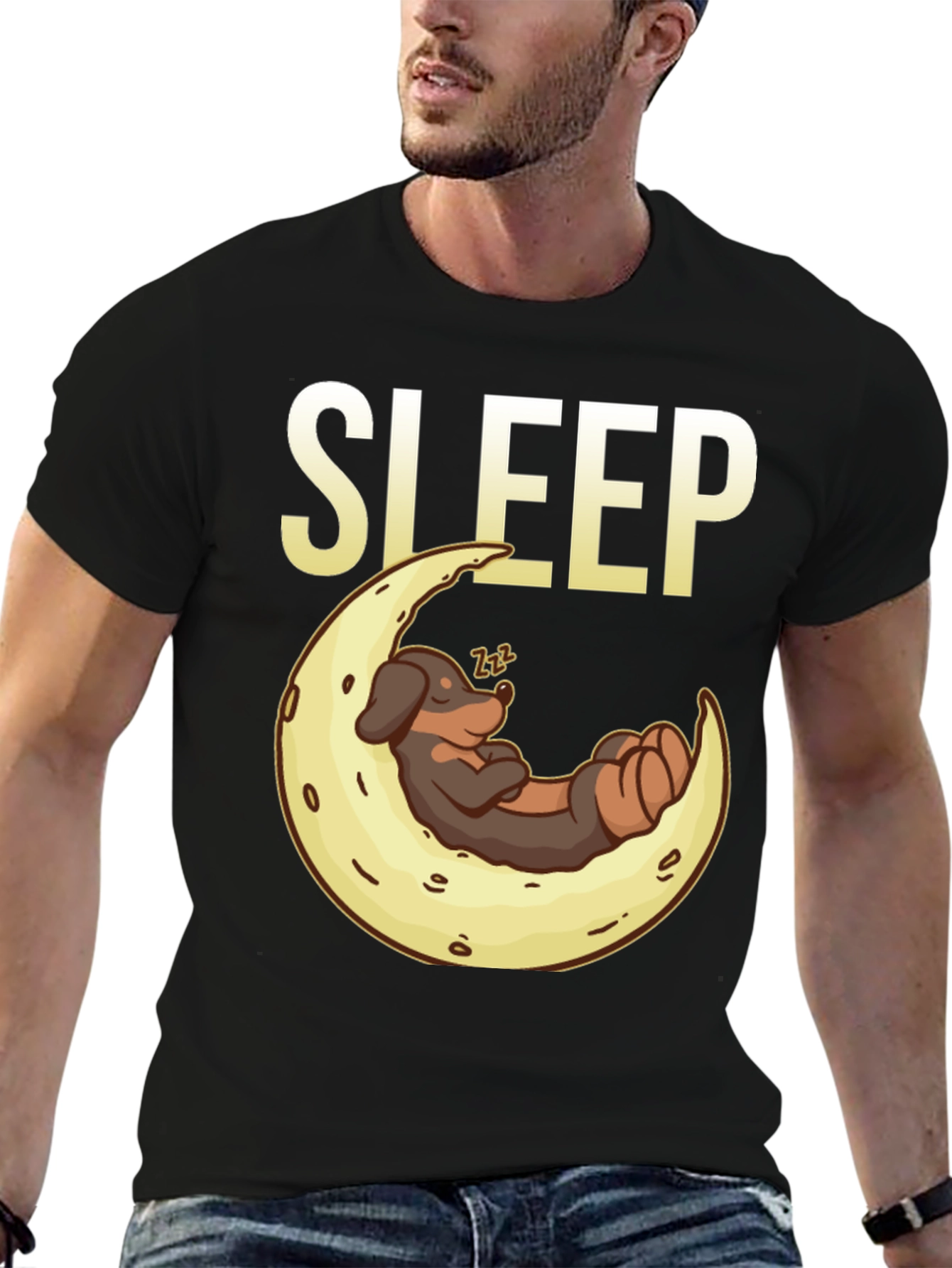 Sleepy Dog on Moon Graphic Tee - Black - 6