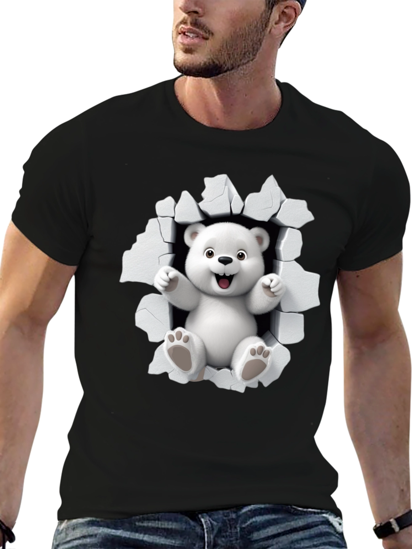 Black Cute Polar Bear 3D Graphic Black T-Shirt view 6