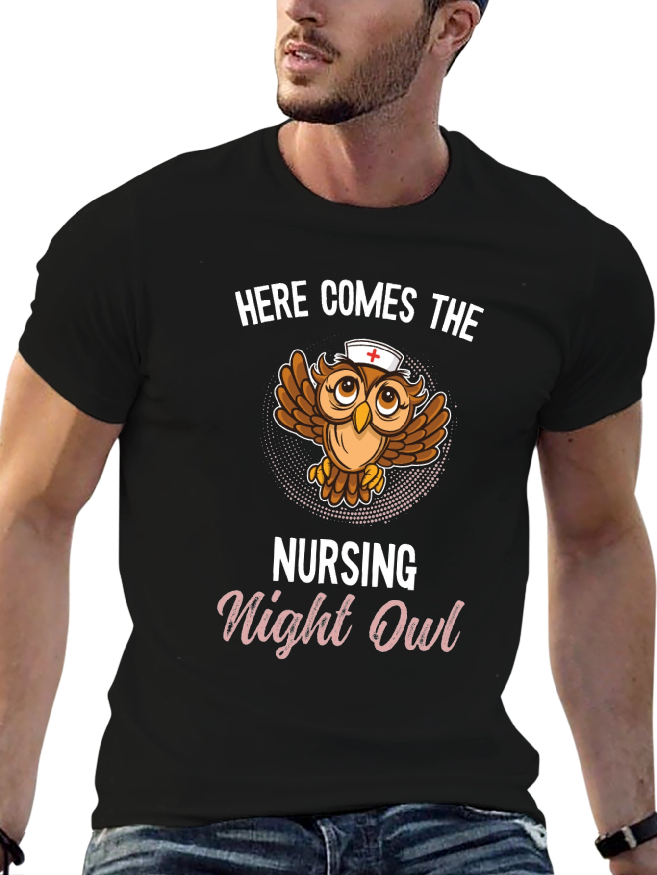 Black Nursing Night Owl T-Shirt - Funny Nurse Tee view 6