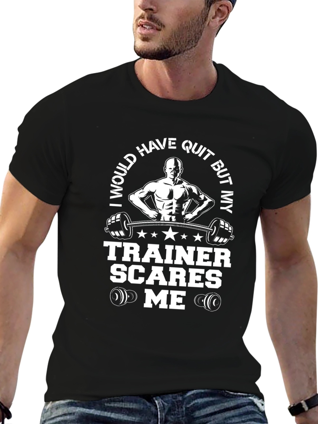 Black Funny Gym Trainer T-Shirt - Scares Me Workout Tee view 6