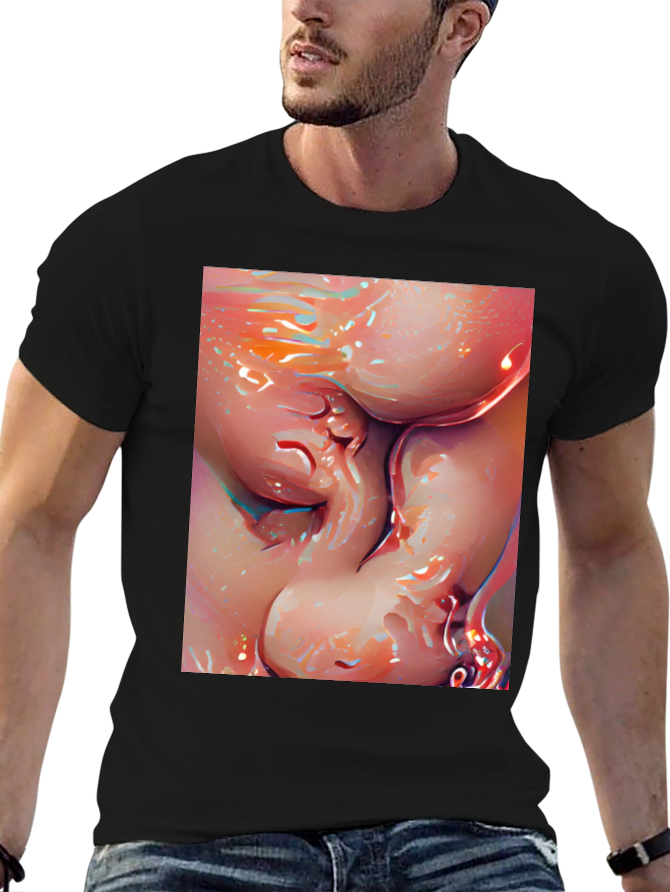 Black Abstract Art Graphic Tee - Bold Black Cotton T-Shirt view 6