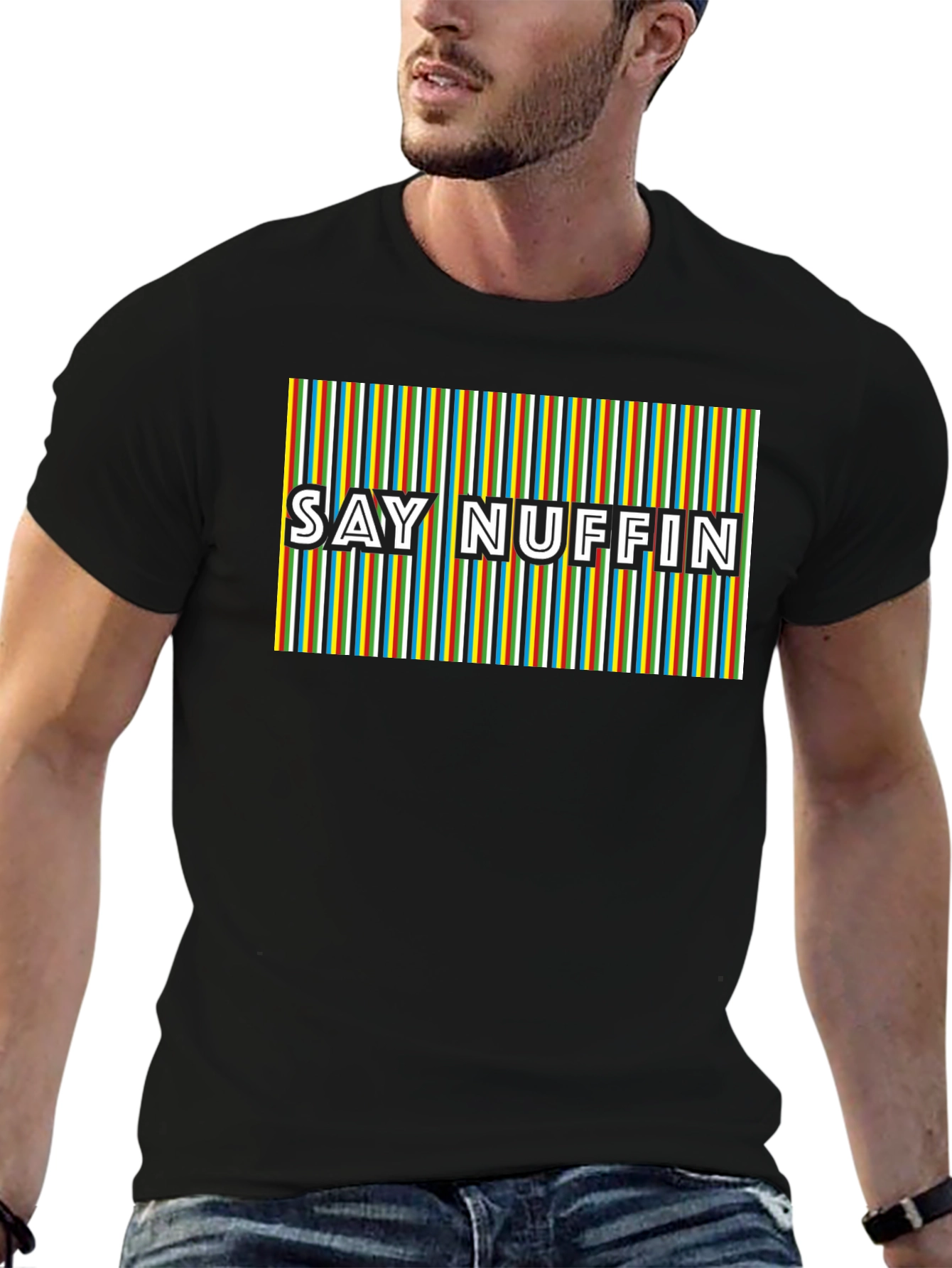 Black Say Nuffin Graphic Tee - Funky Retro Stripe Design view 6