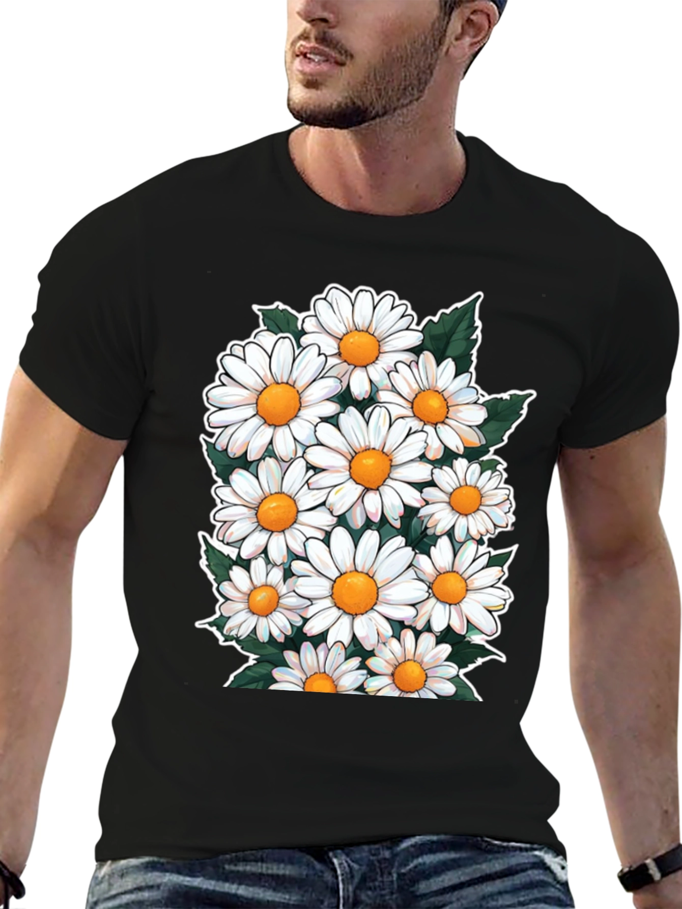 Black Daisy Flower Graphic T-Shirt - Floral Crew Neck Tee view 6