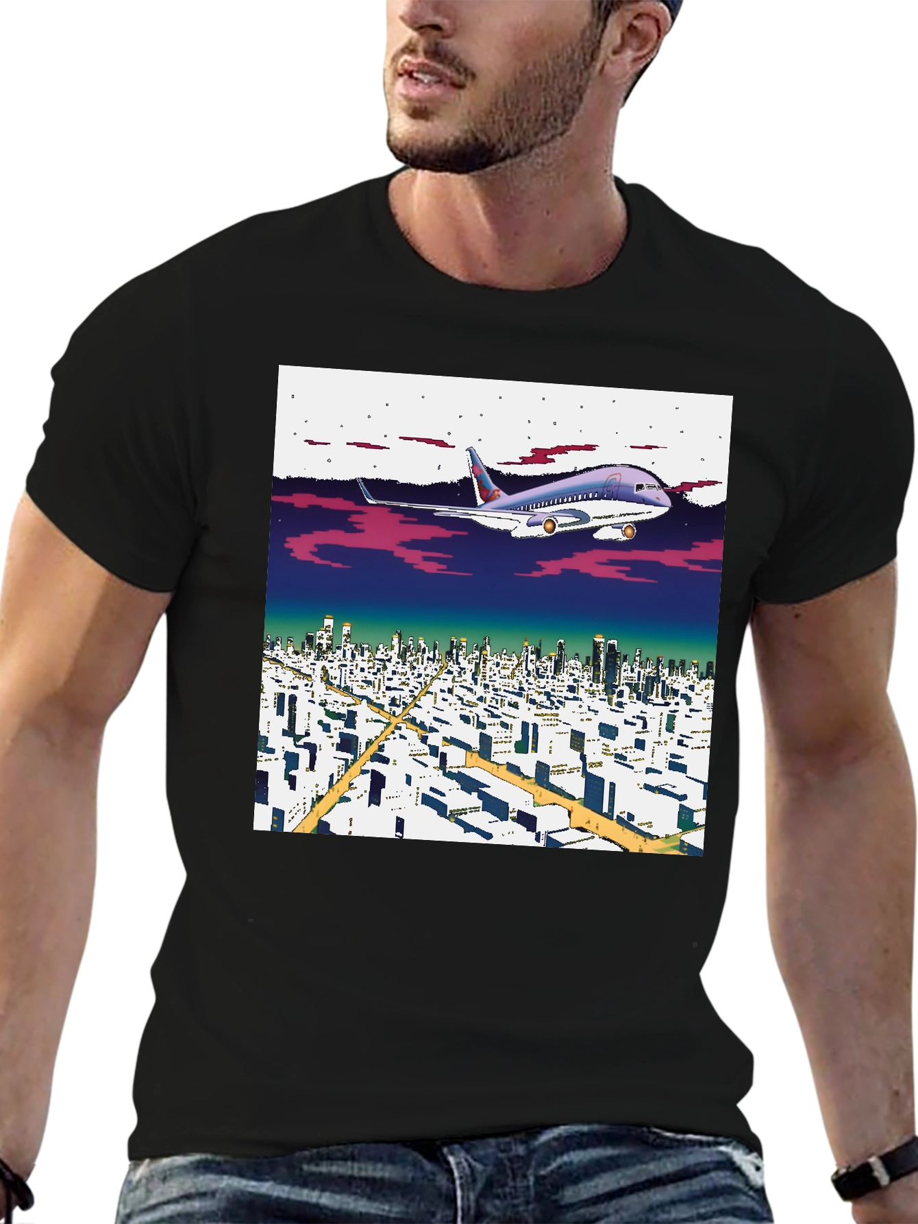 Black Retro Plane Over City T-Shirt view 6