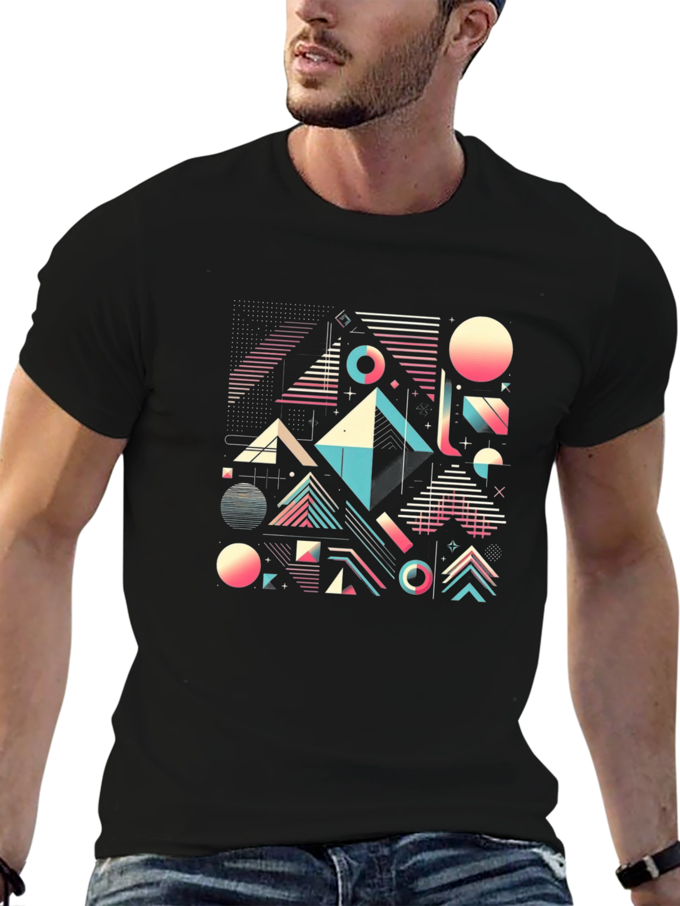 Black Geometric Retro T-Shirt - Abstract 80s Design view 6