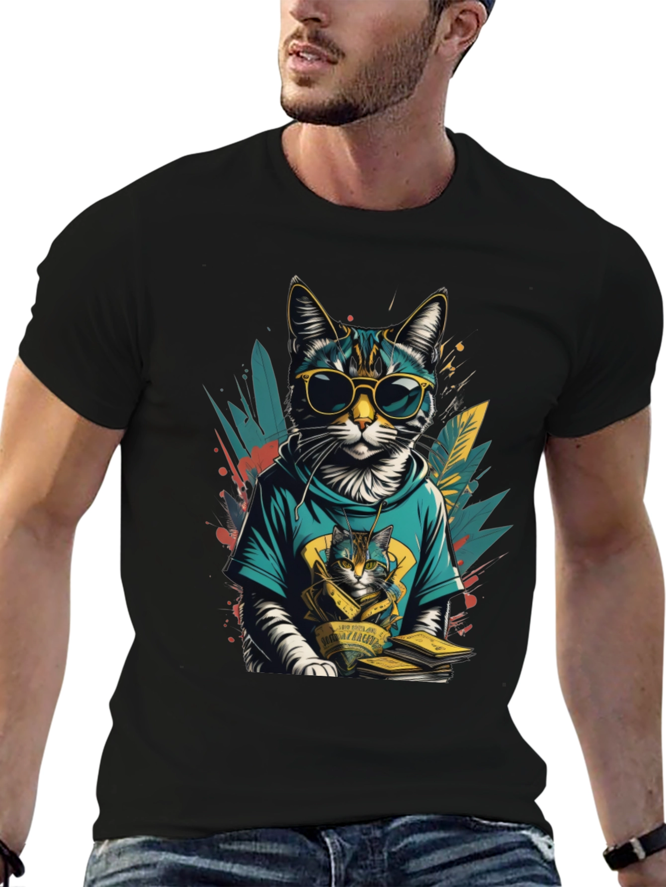 Black Cool Cat Graphic Tee - Stylish & Unique view 6