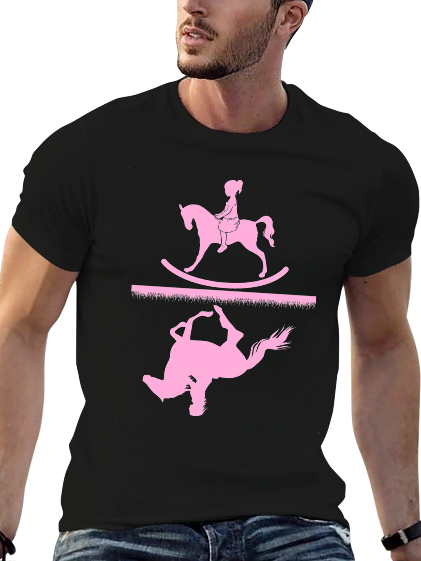 Black Rocking Horse T-Shirt - Girl on Toy view 6
