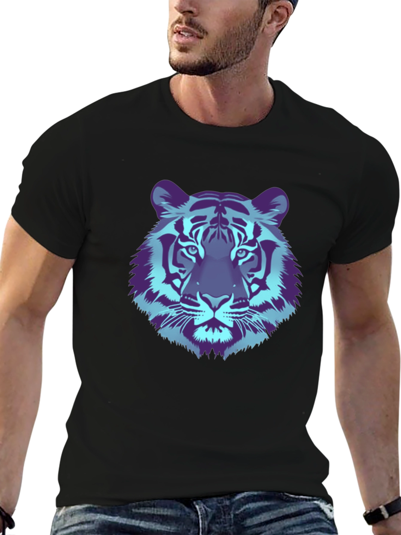 Black Cool Tiger Graphic Tee - Black Cotton T-Shirt view 6