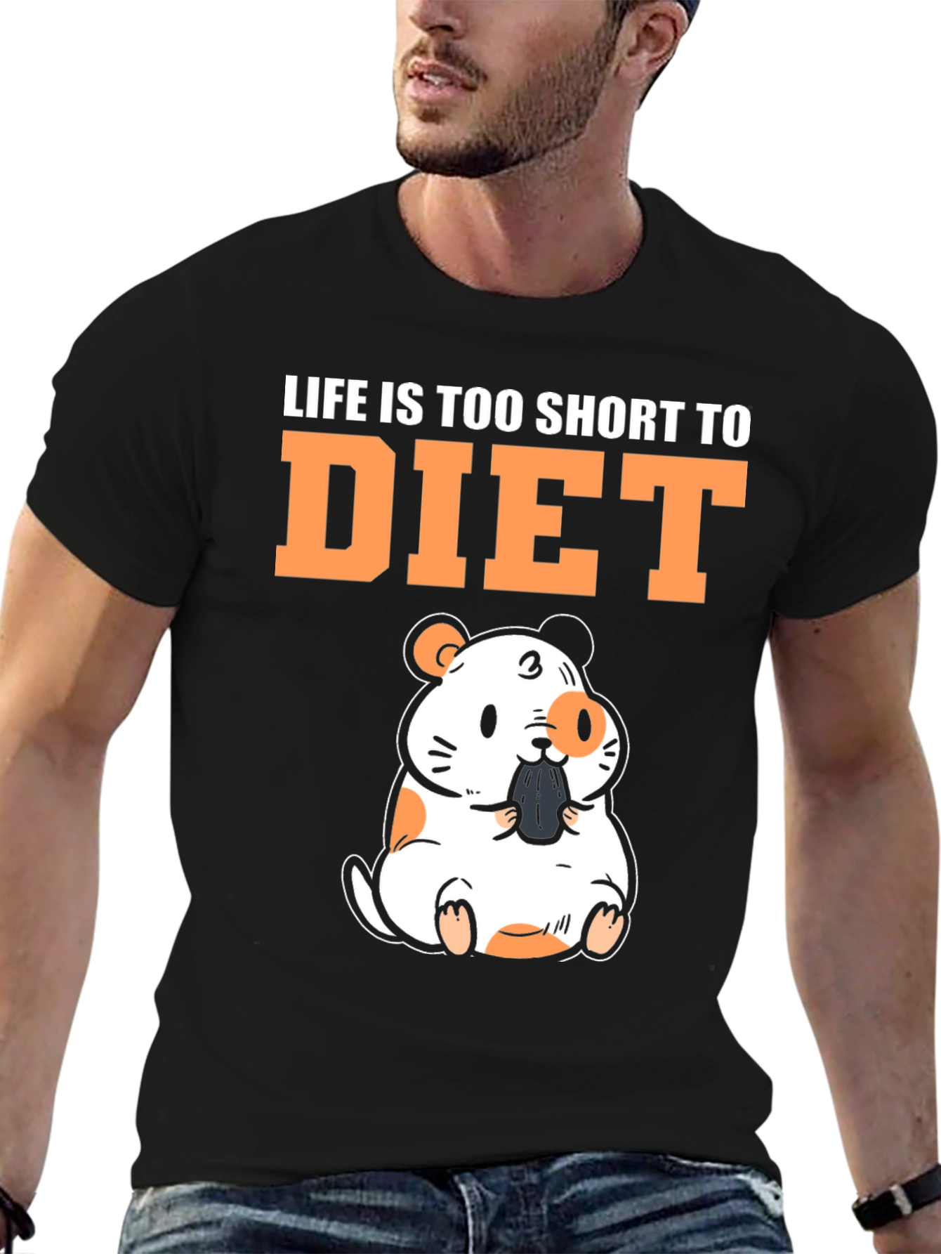 Black Funny Hamster "Life is Too Short to Diet" Black T-Shirt view 6