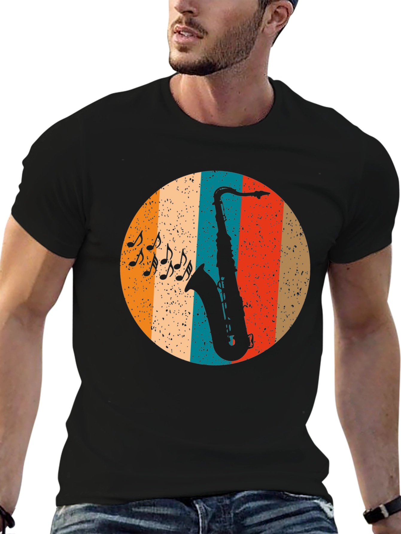 Black Retro Saxophone Music T-Shirt view 6