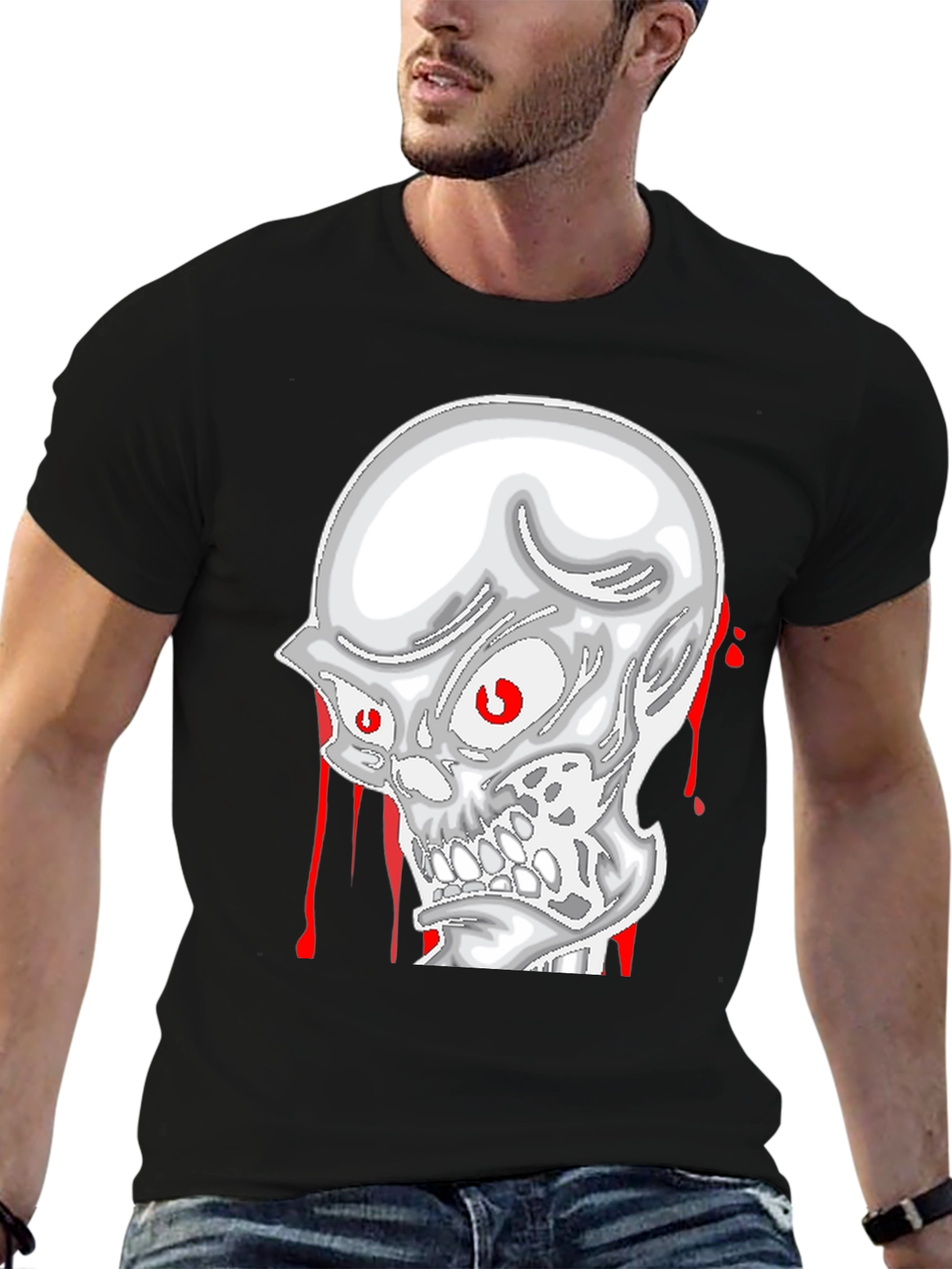 Black Skull Graphic Tee - Men's Black Cotton T-Shirt view 6