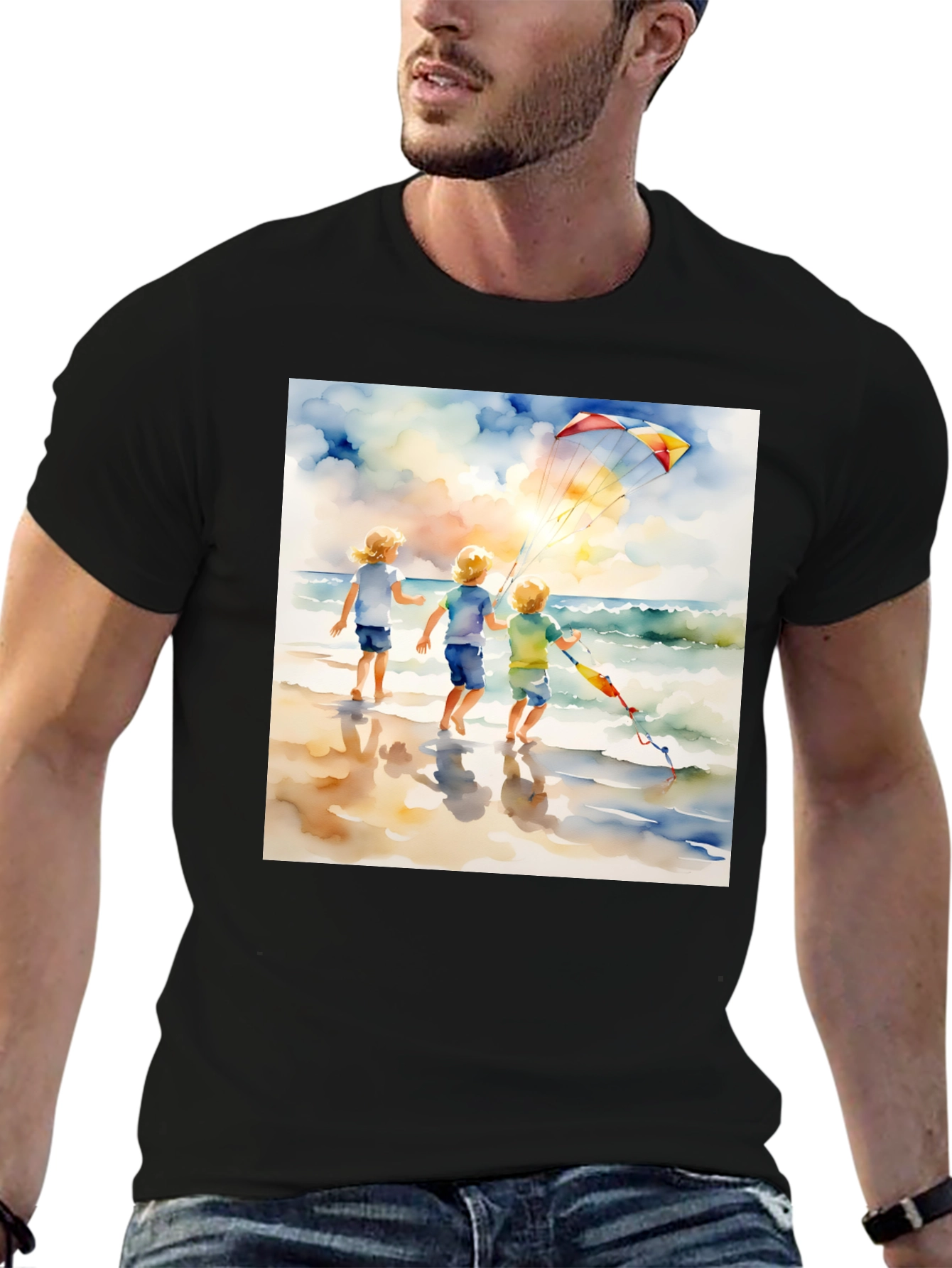Black Watercolor Beach Kite T-Shirt view 6