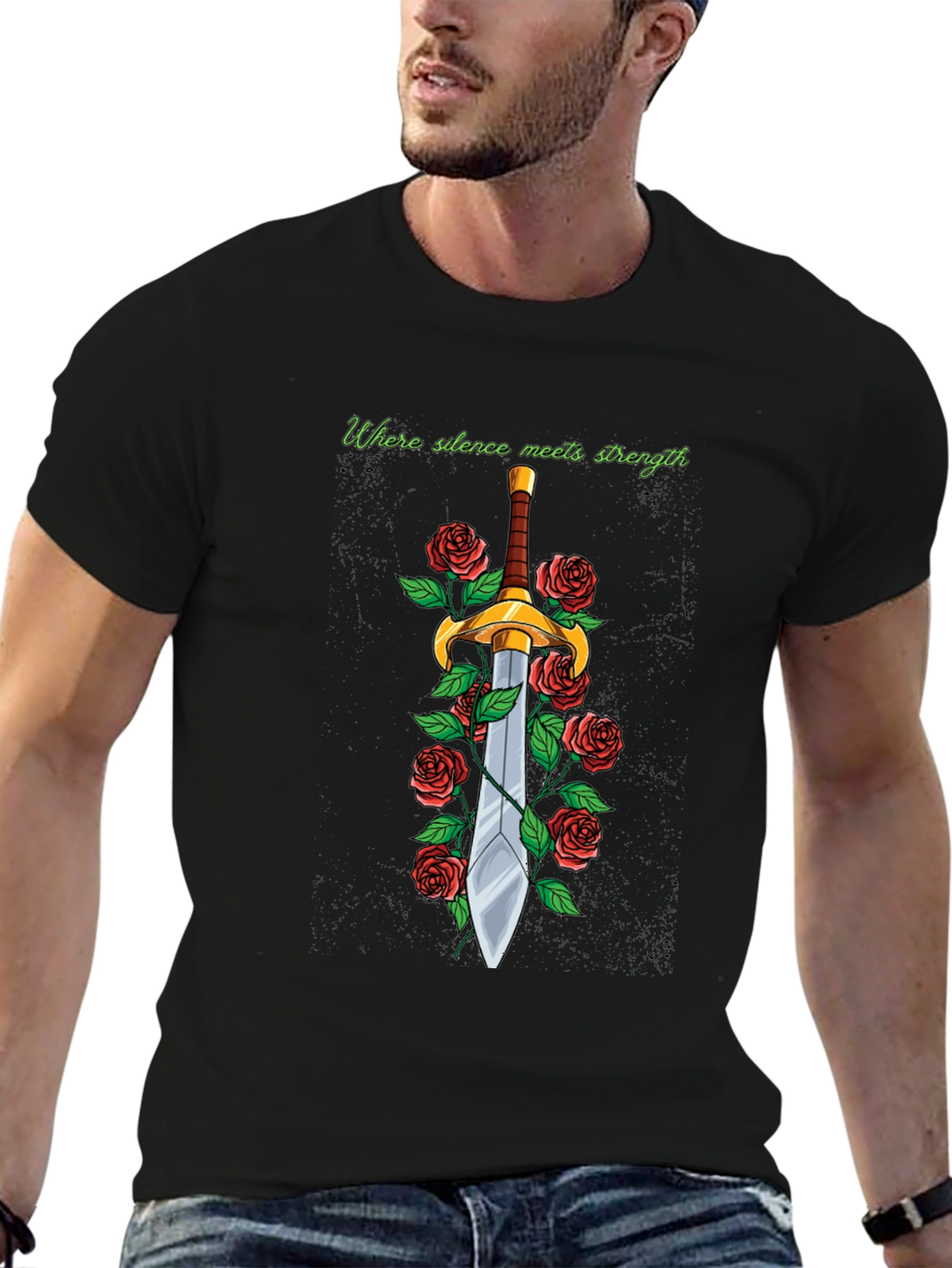 Black Sword and Roses Graphic Tee - Silence Meets Strength view 6