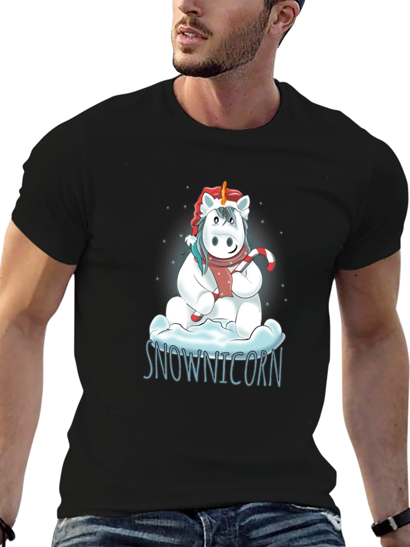 Black Snownicorn Graphic T-Shirt - Christmas Unicorn Tee view 6
