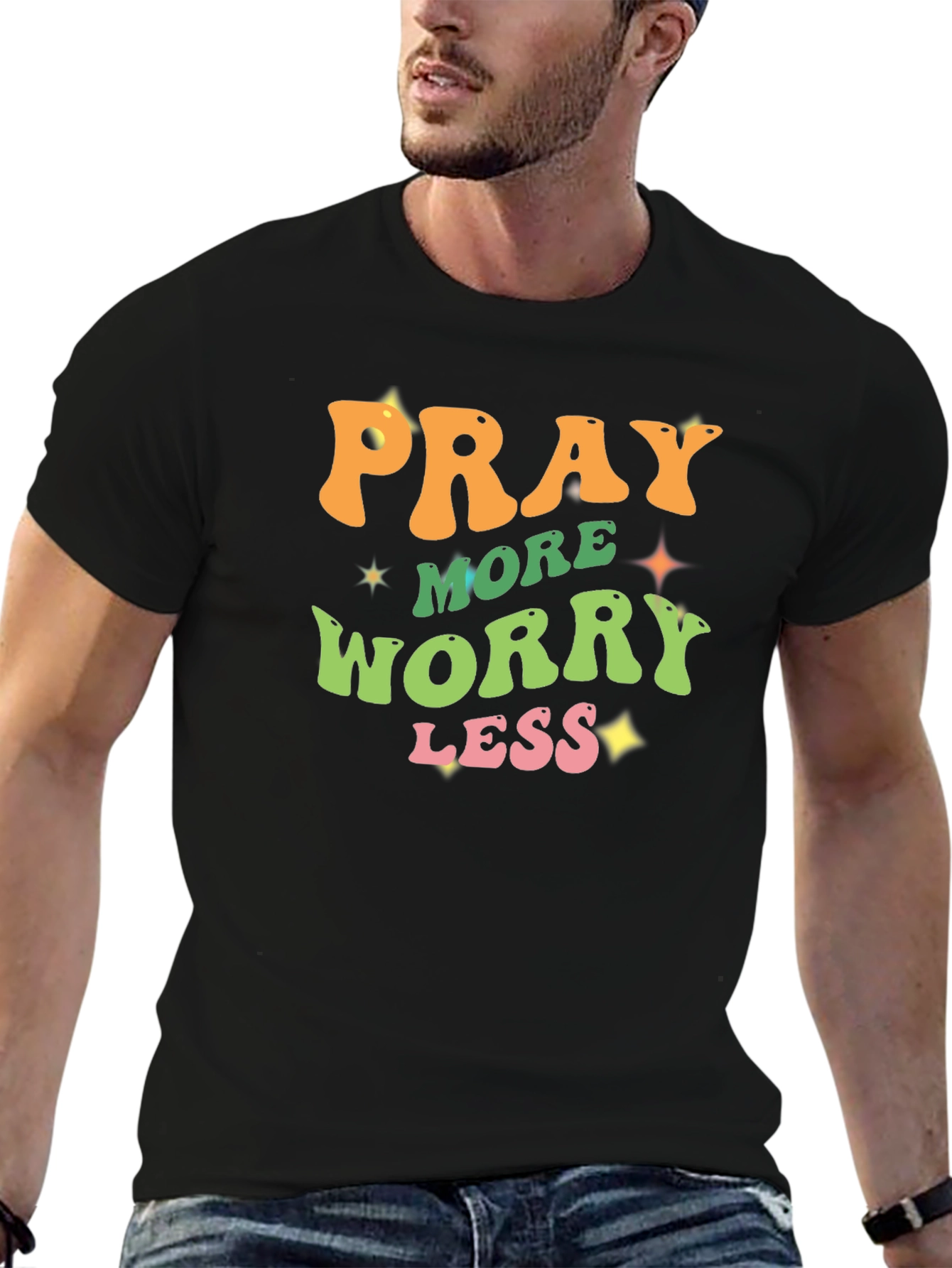 Black Pray More Worry Less Black T-Shirt view 6