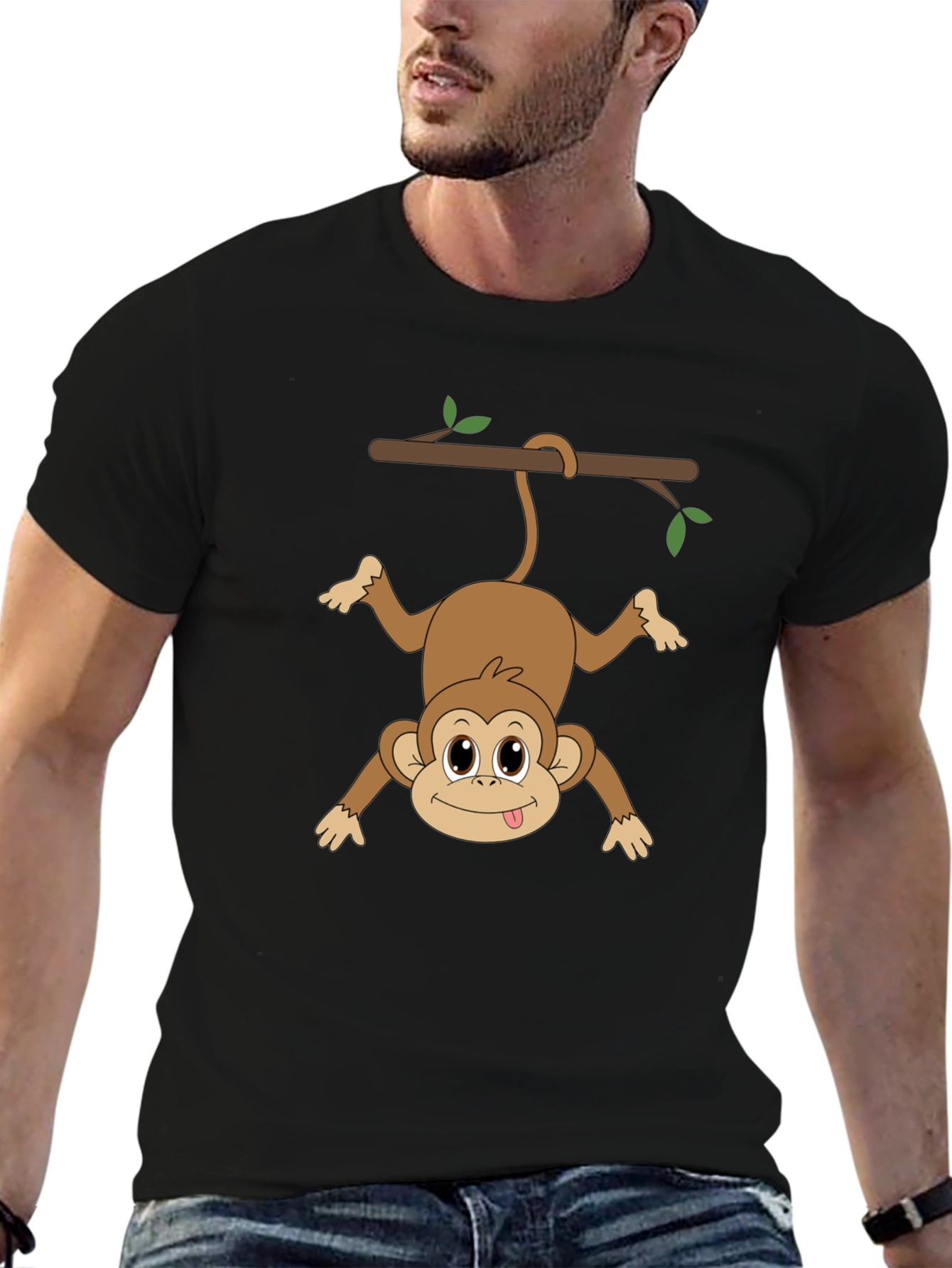 Black Funny Monkey Hanging From Branch Graphic T-Shirt view 6