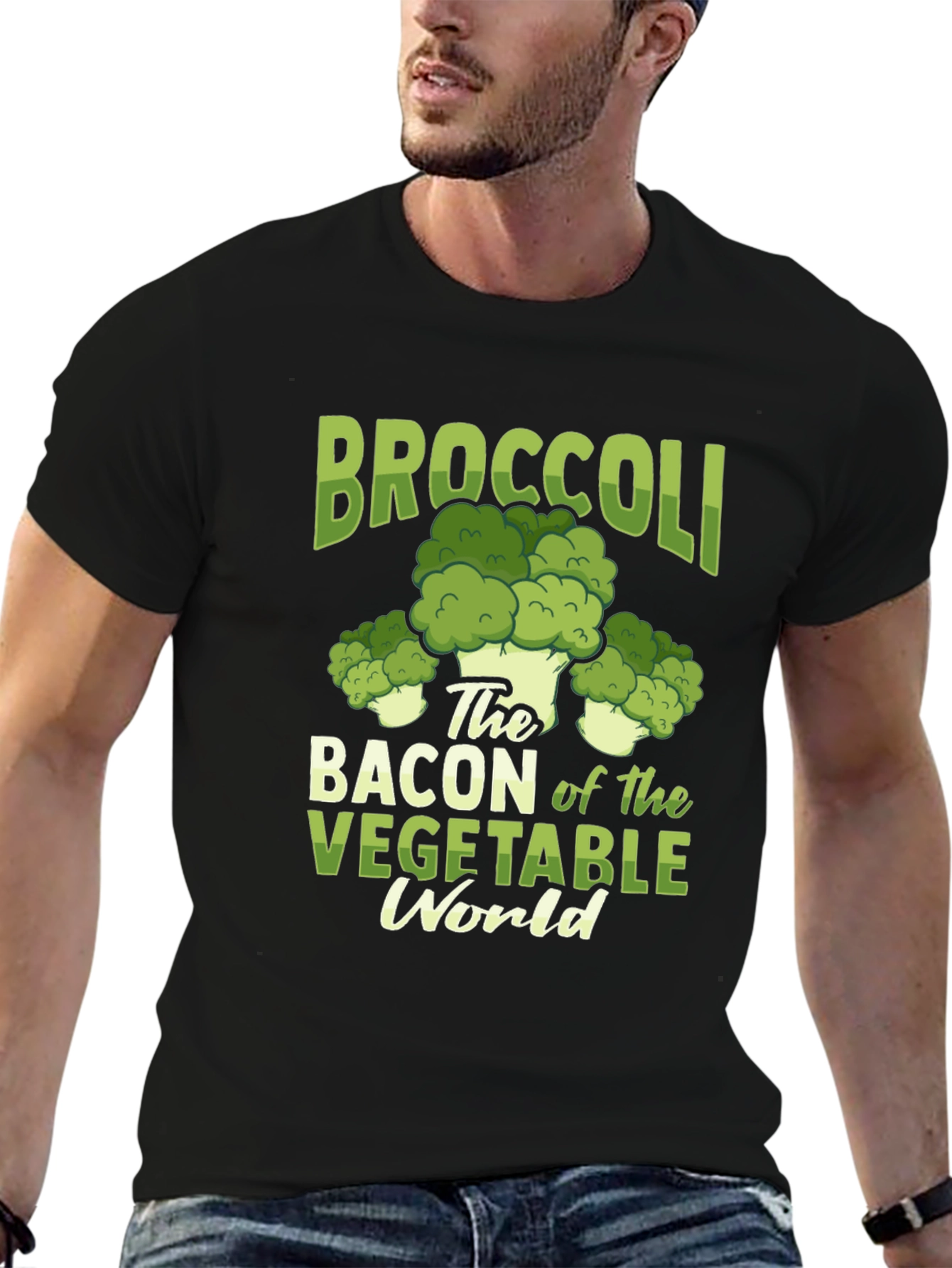 Black Broccoli Bacon Vegetable World Graphic Tee view 6