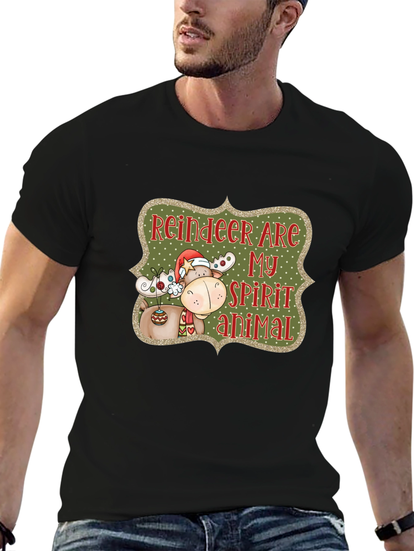 Black Reindeer Spirit Animal Christmas Graphic Tee view 6