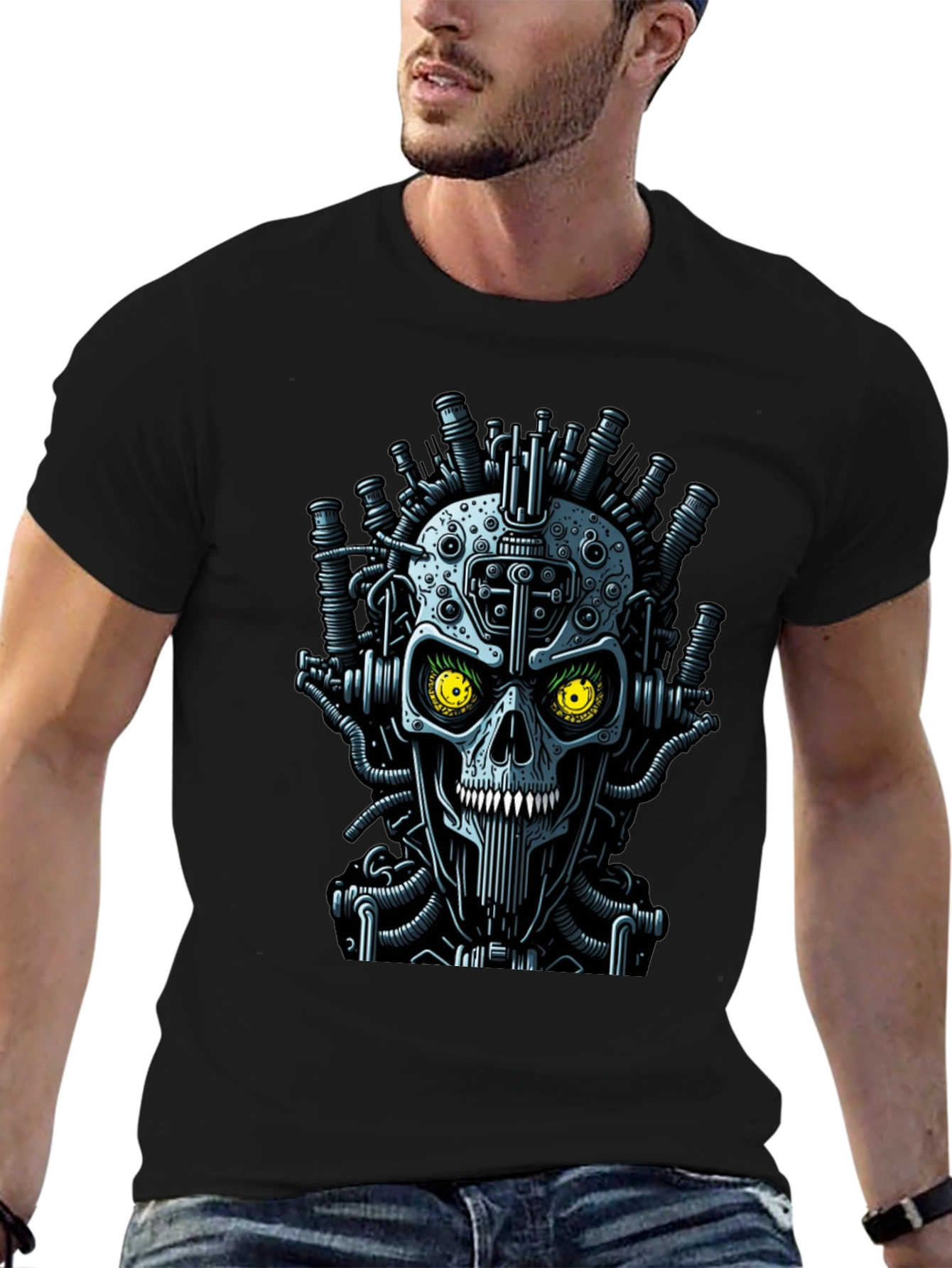 Black Steampunk Skull Graphic T-Shirt - Men's Crew Neck view 6