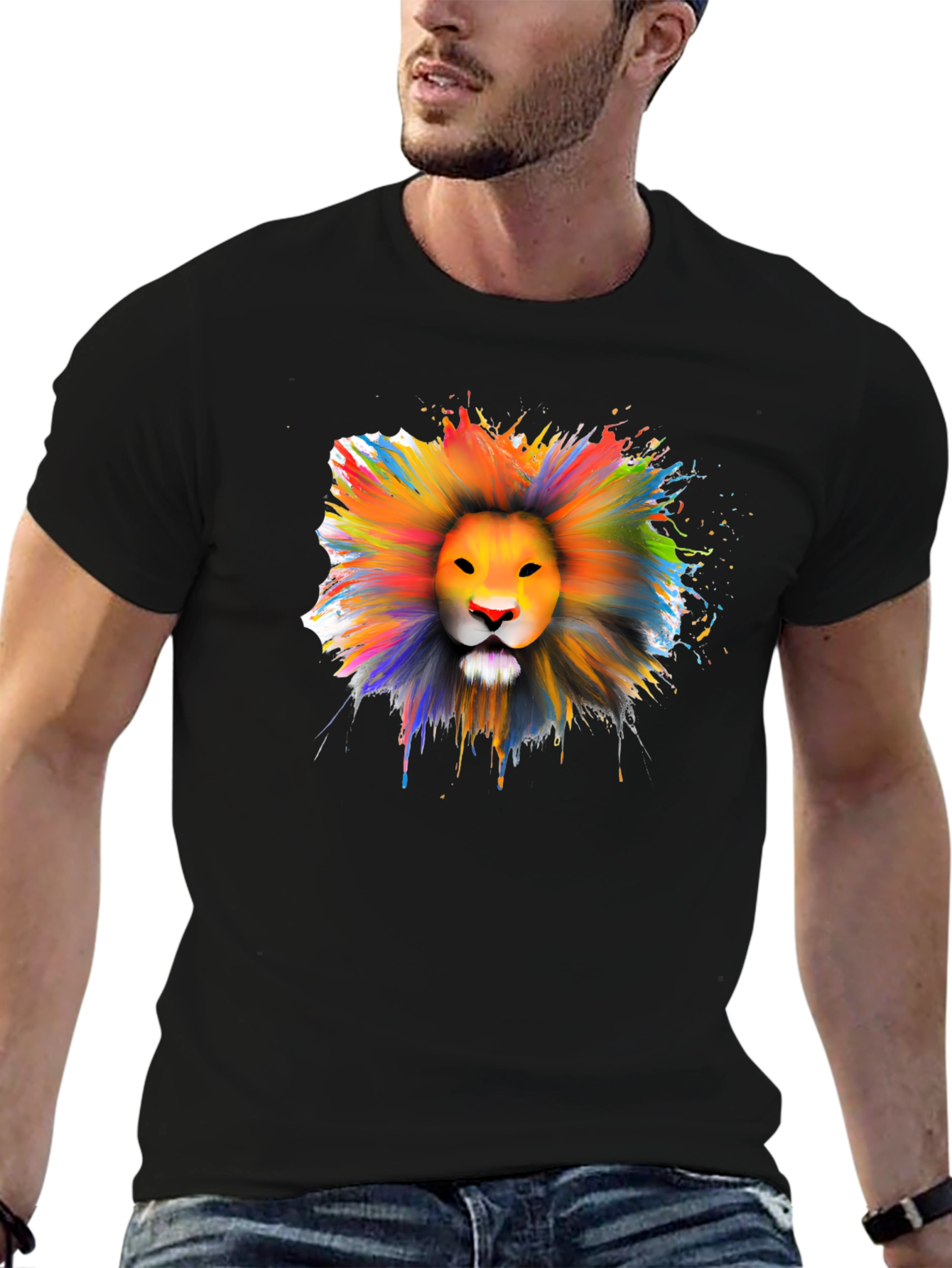 Black Colorful Lion Graphic T-Shirt - Artistic Crew Neck Tee view 6