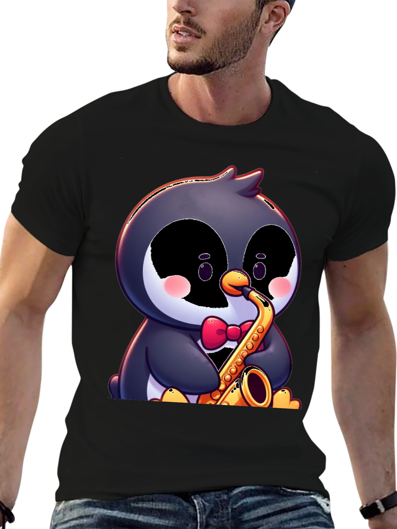 Black Penguin Saxophone T-Shirt - Fun Cartoon Design view 6