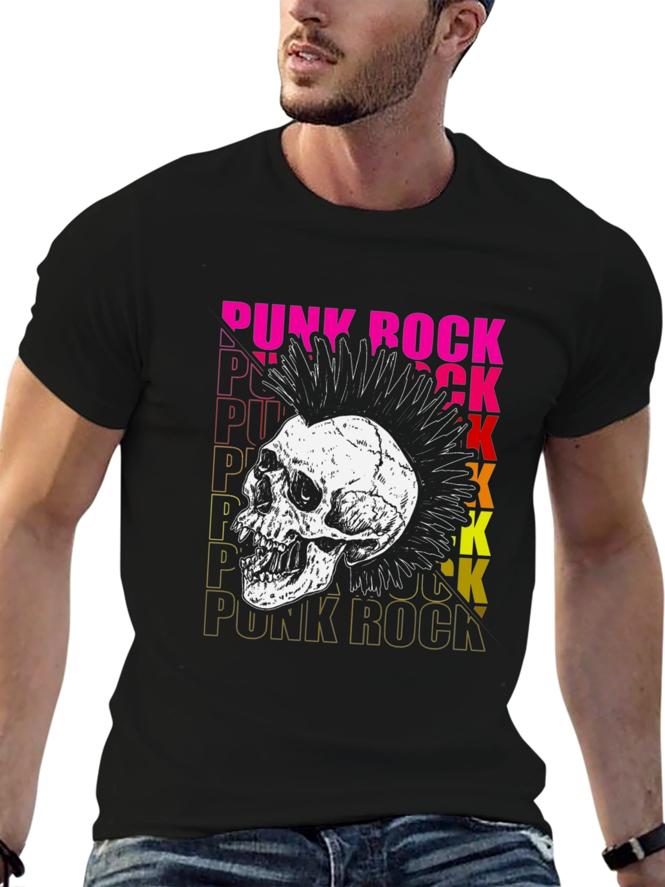 Black Punk Rock Skull Graphic T-Shirt view 6