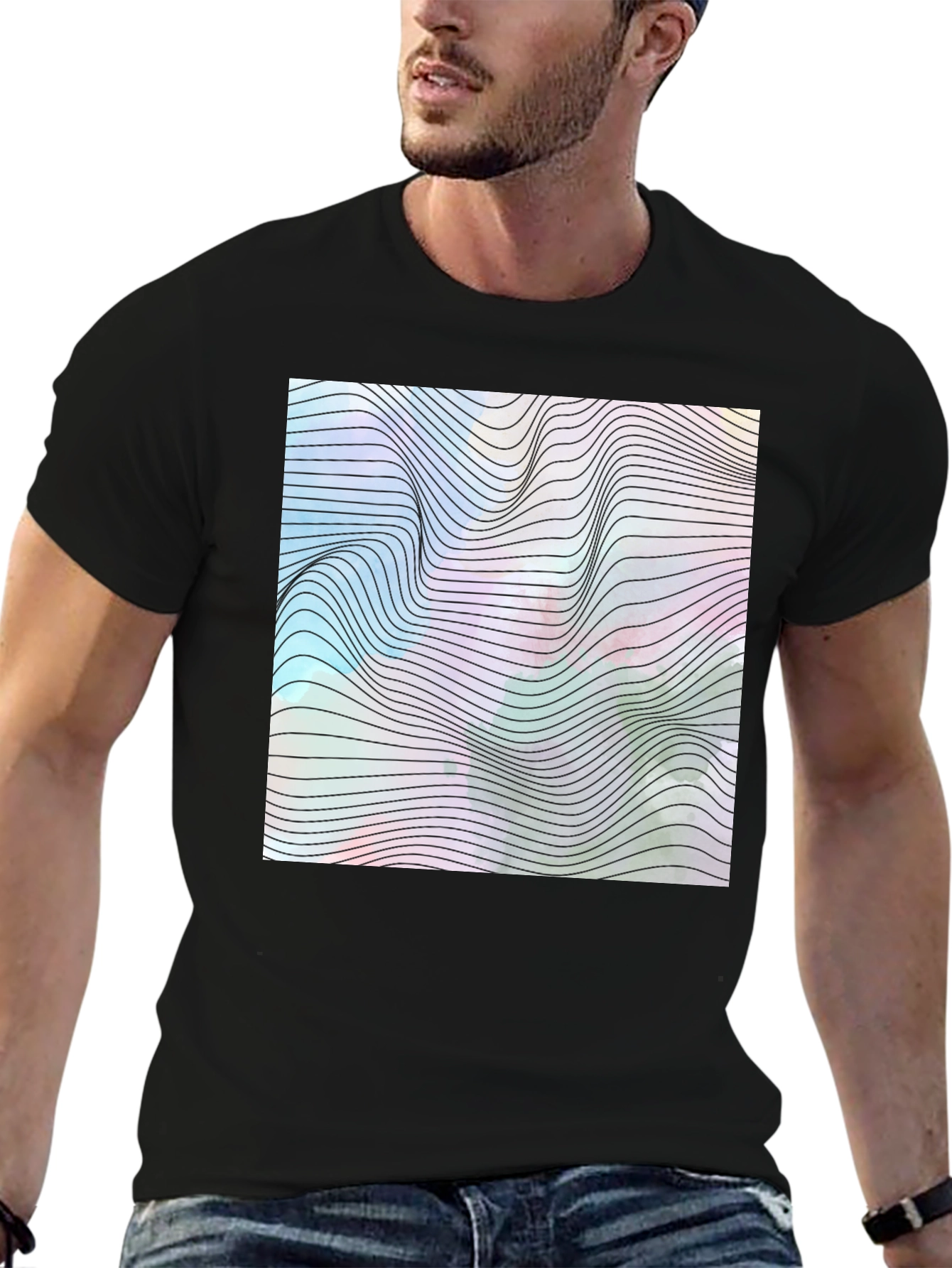Black Abstract Wave Graphic Tee - Modern Black T-Shirt view 6