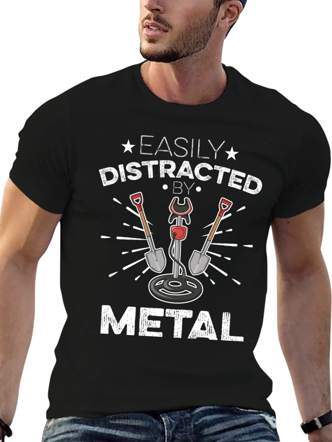Black Easily Distracted By Metal Detecting Black T-Shirt view 6
