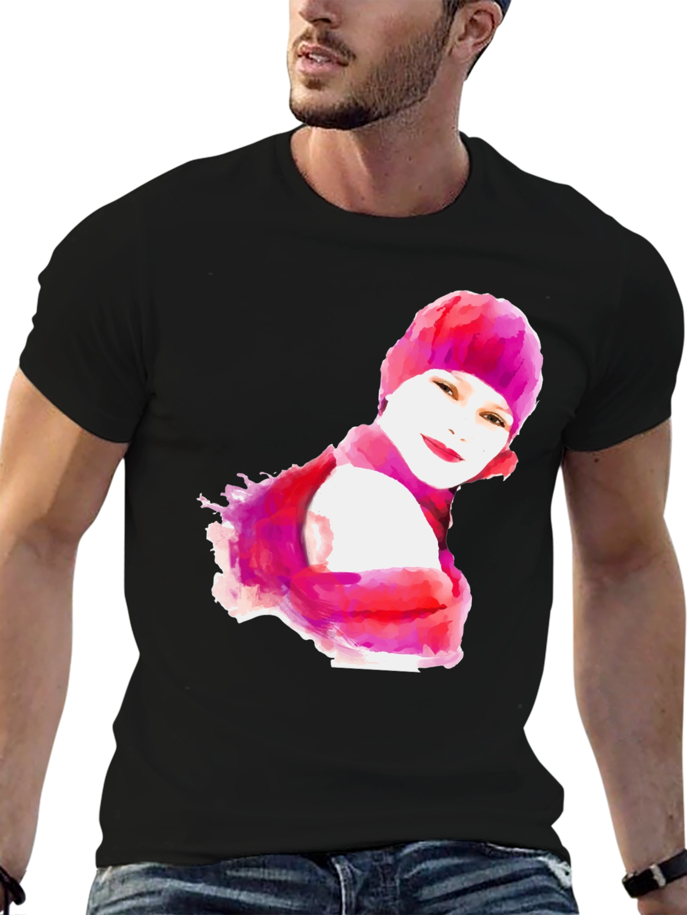 Watercolor Woman's Portrait Black T-Shirt - 6